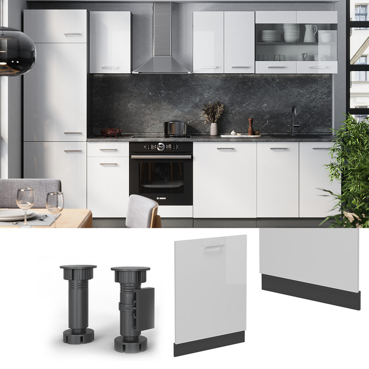 GESCHIRRSPÜLBLENDE R-Line Weiß Hochglanz 60 cm , AP Eiche - Weiß Hochglanz/Anthrazit, Holzwerkstoff (60/81.8/1.6cm) - Vicco