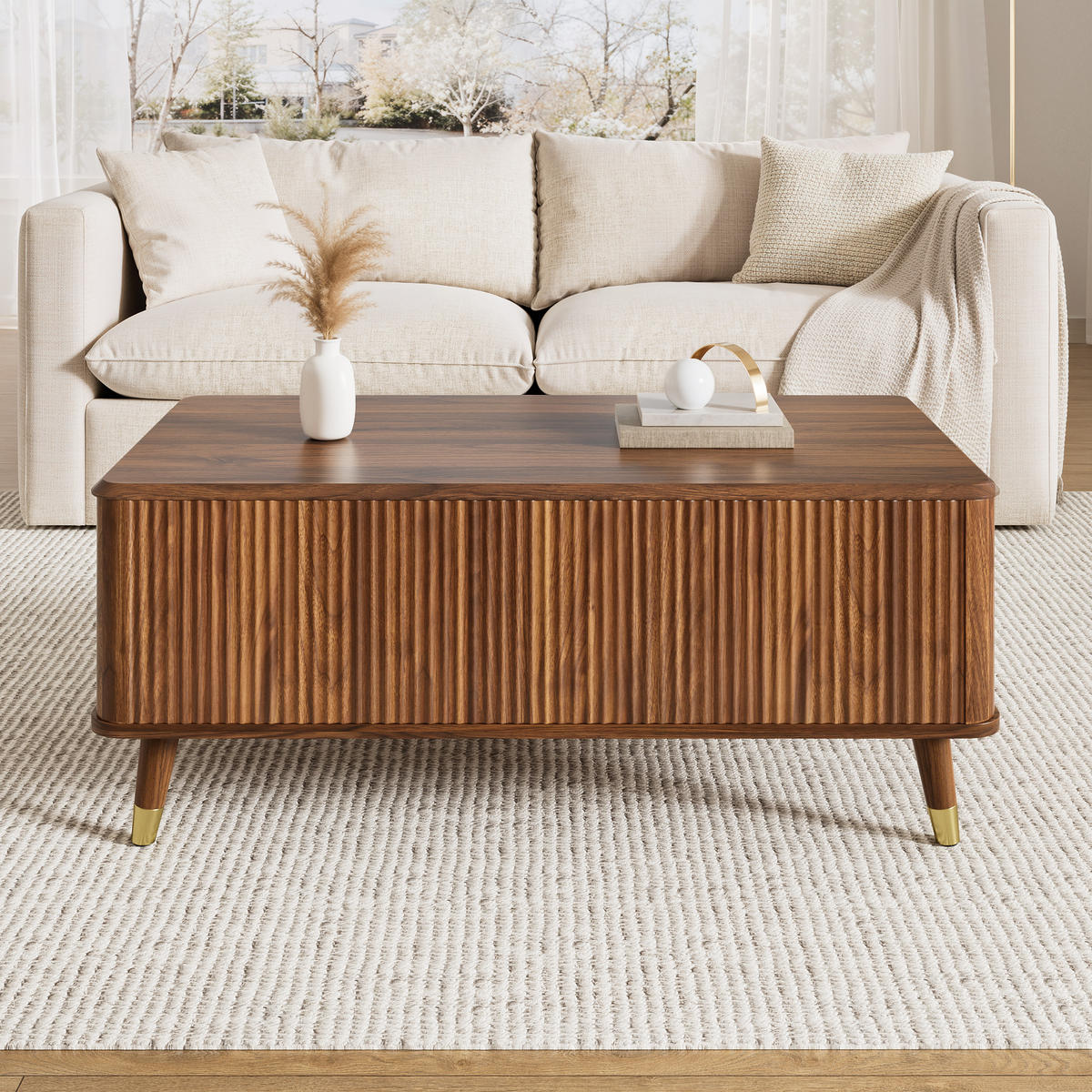 COUCHTISCH Retro Walnuss höhenverstellbar Wellen modern - Walnussfarben, Holzwerkstoff (97/52/56.5cm) - FLIEKS