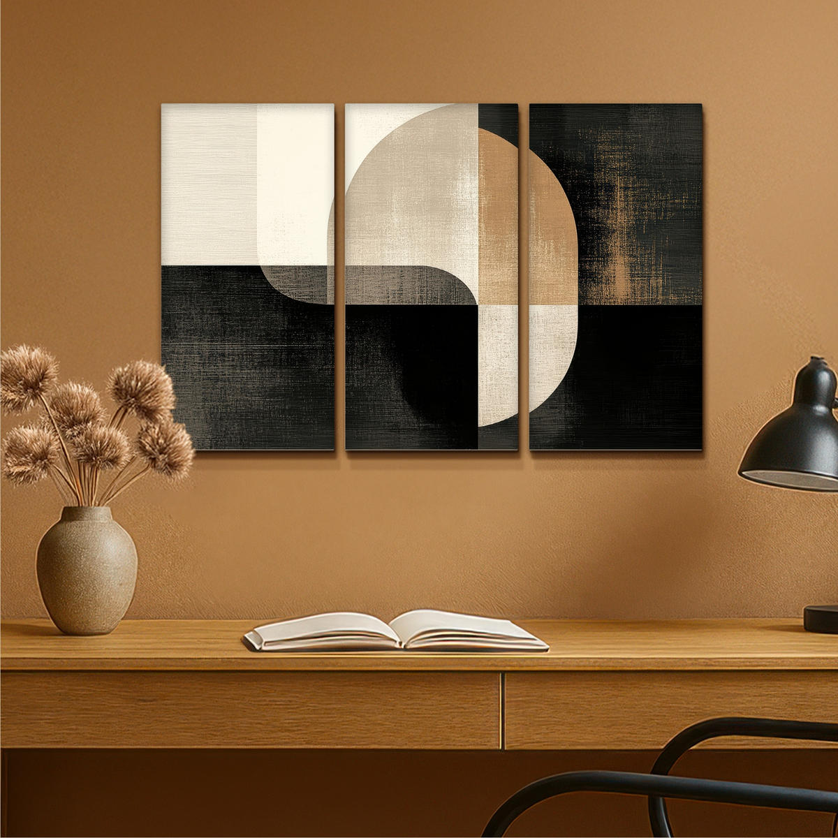 LEINWANDBILD 3er Set Formen - Abstrakt - Gold 90x60 cm - Schwarz, Textil (90/60cm) - MuchoWow