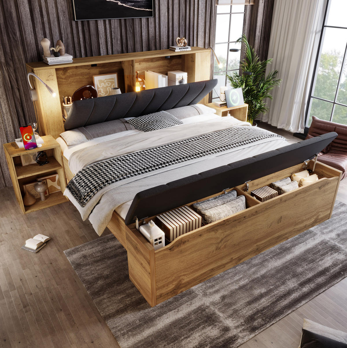 DŘEVĚNÁ postel 160/200 cm s integrovanými čtecími lampami, USB portem, úložným prostorem a matrací, Dub - barva dubu, kompozitní dřevo (160/200cm) - Redom