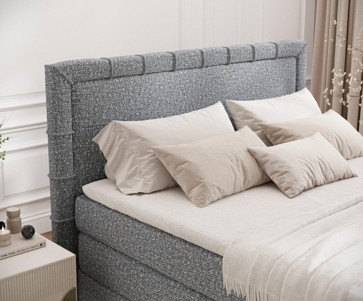 BOXBETT Estelle Grau 180/200 cm im Boucle-Stoff - Schwarz/Grau, Holz/Holzwerkstoff (180/200cm) - Maison de Reve