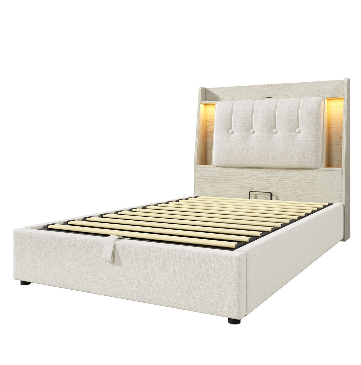 POLSTERBETT 90/200 cm mit LED-Beleuchtung, USB-C und Bettkasten in Beige - Beige, Textil (90/200cm) - BEAOK