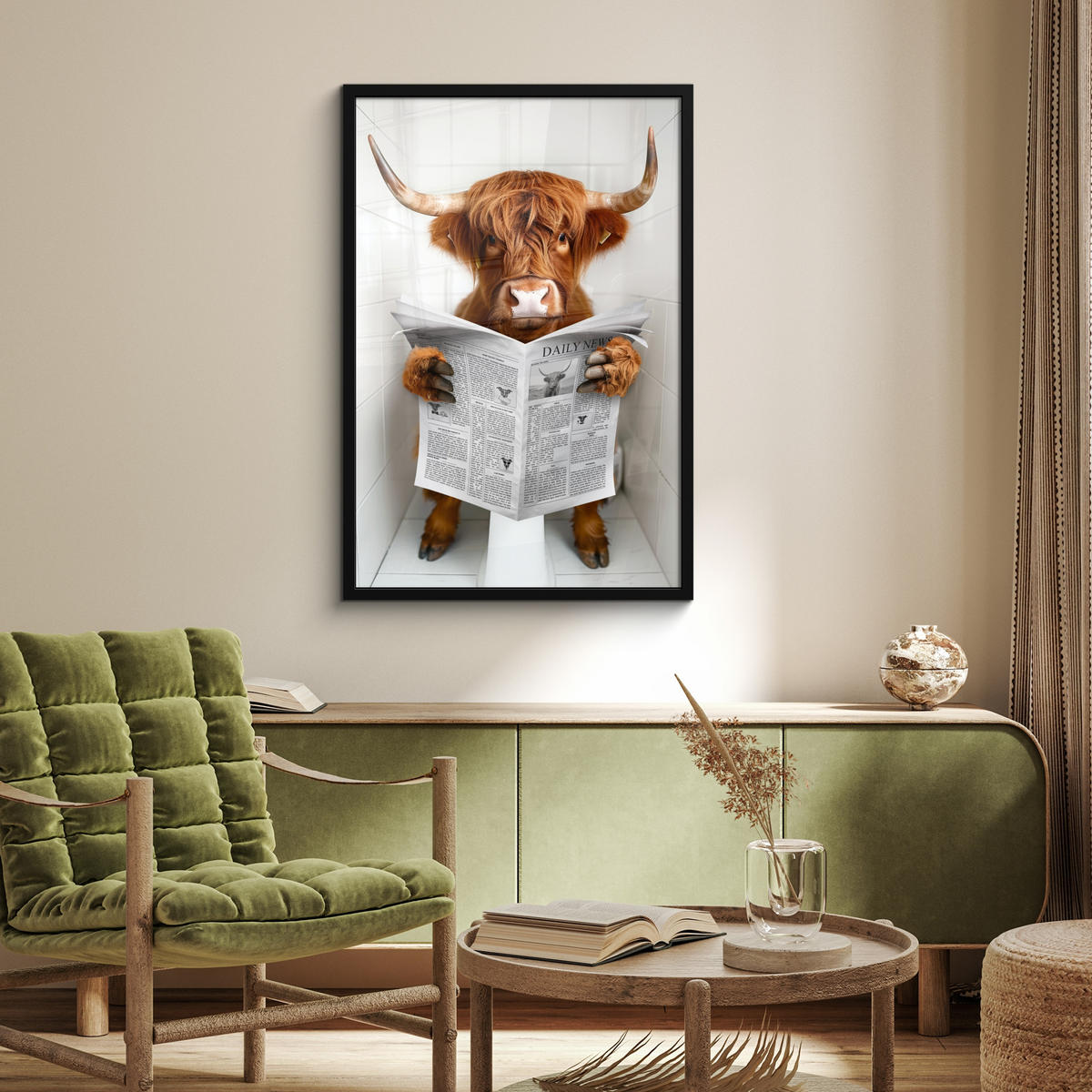 ZARÁMOVANÝ PLAGÁT Škótsky horal - Zviera - Noviny - Toaleta 60x90 cm - farba gaštana, papier (60/90cm) - MuchoWow