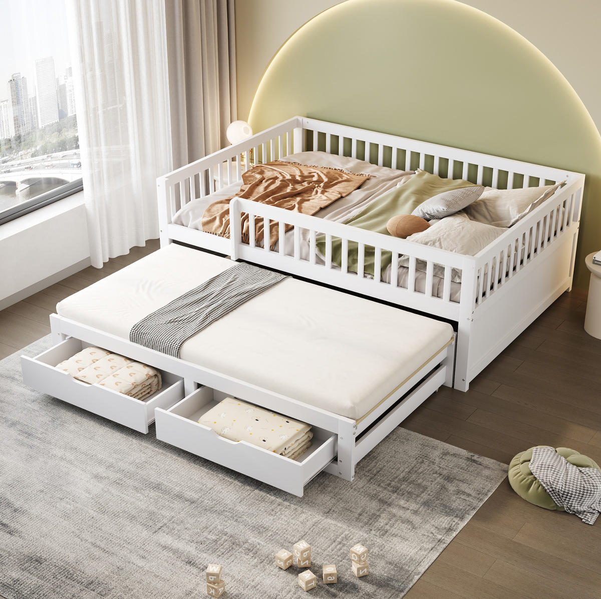 KINDERBETT aus Massivholz 140x200 cm in Weiß mit Ausziehbett & 2 Schubladen - Weiß, Holz (140/200cm) - Modfu
