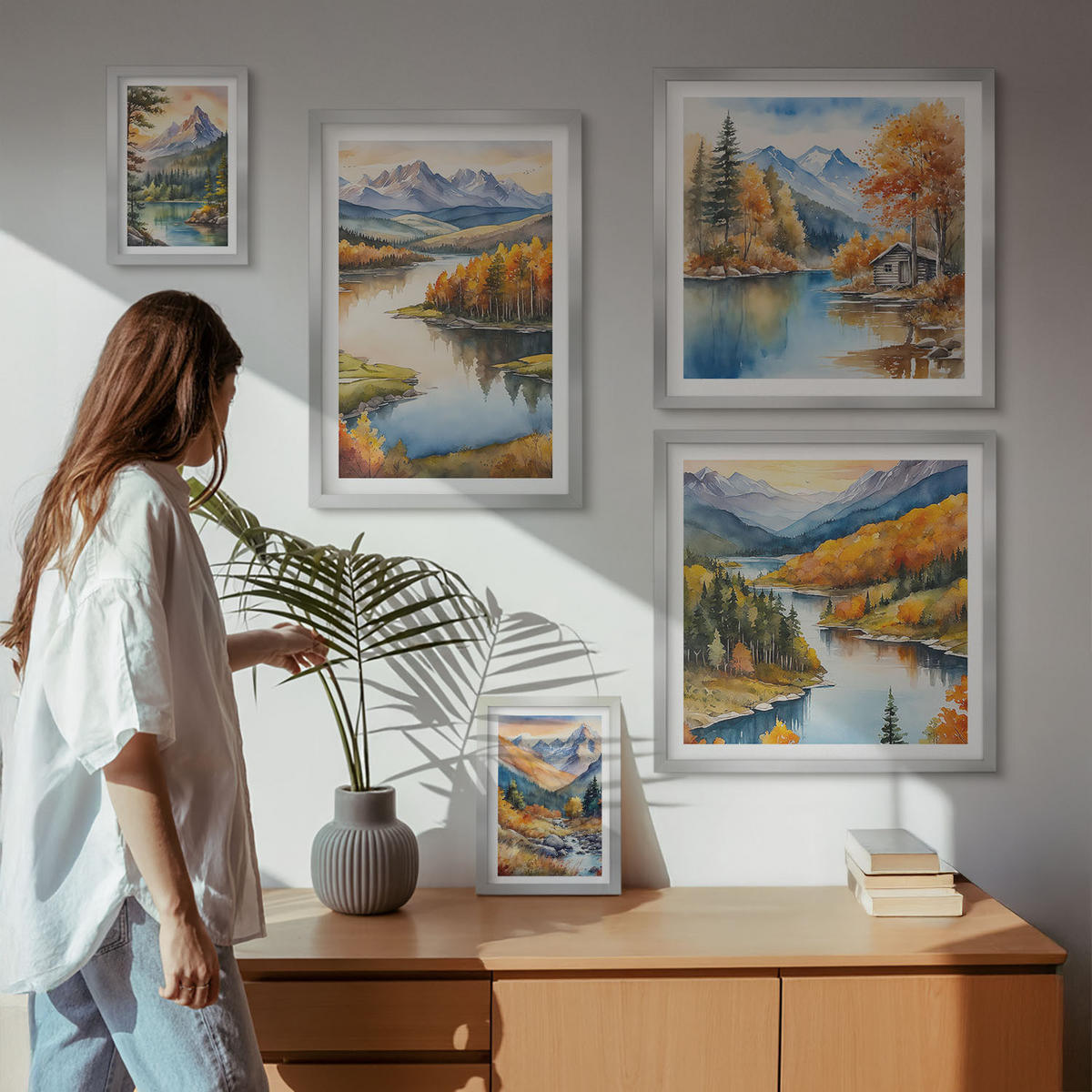 BILDER SET 5er Set - 50x50 cm & 20x30 cm & 40x60 cm Silberner Rahmen - Berglandschaft mit einem Fluss - Silberfarben, Kunststoff (40/60cm) - TULUP