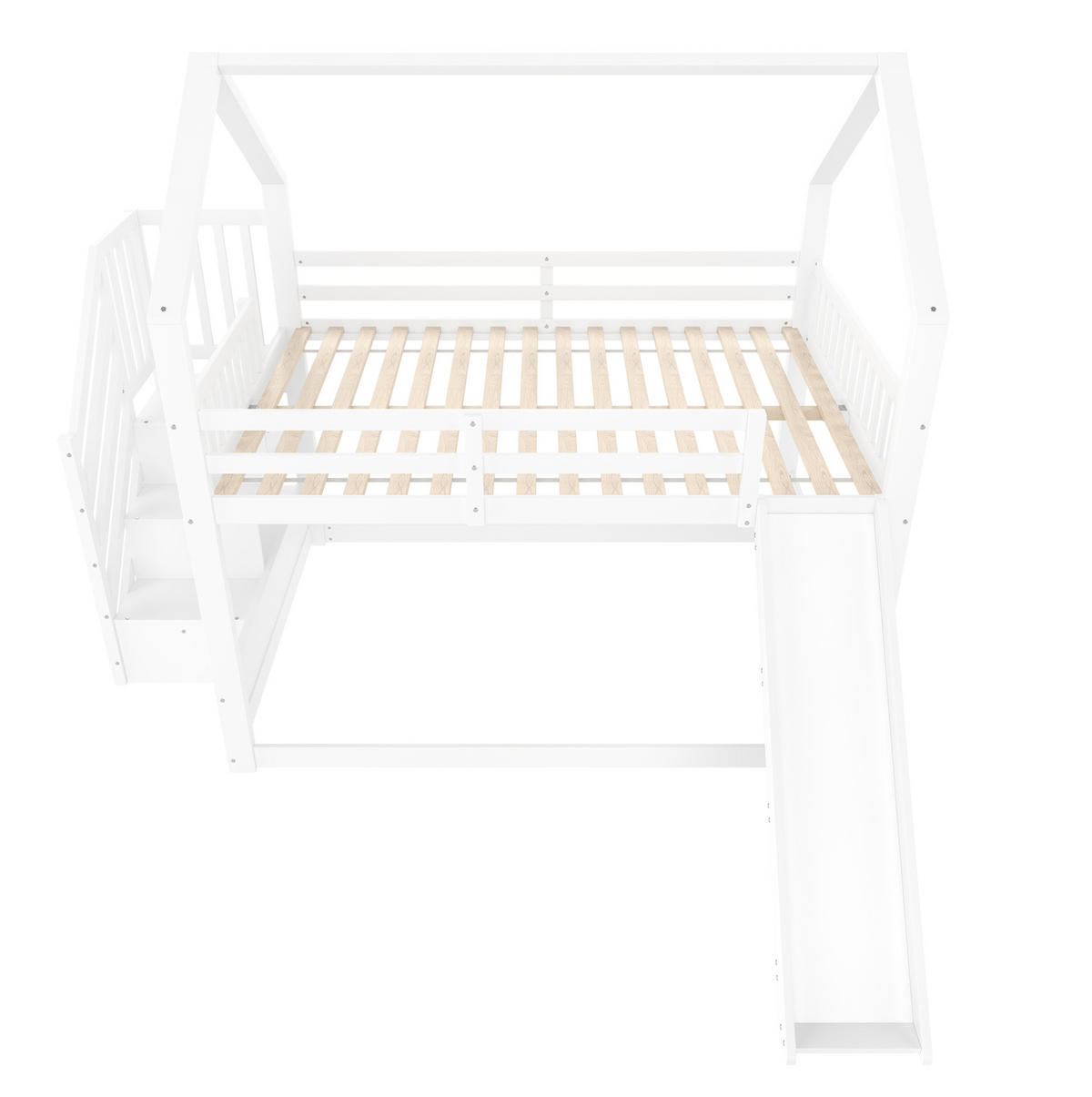 HAUSBETT 140/200 cm in Weiß mit Stauraumtreppe und Rutsche - Weiß, Holz (140/200cm) - BEAOK