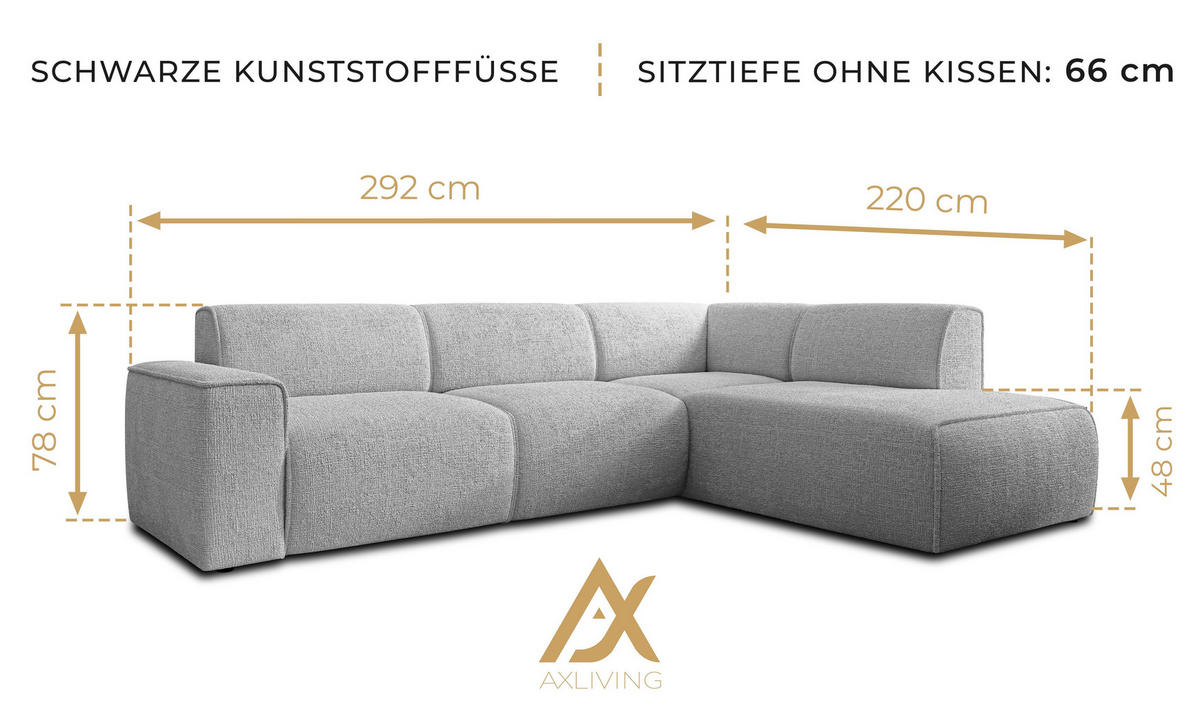 ECKSOFA L Form Didim Greige 292/220/78 cm – großes Sofa stilvoll & bequem R - Greige/Schwarz, Kunststoff/Textil (292/220cm) - AX Living