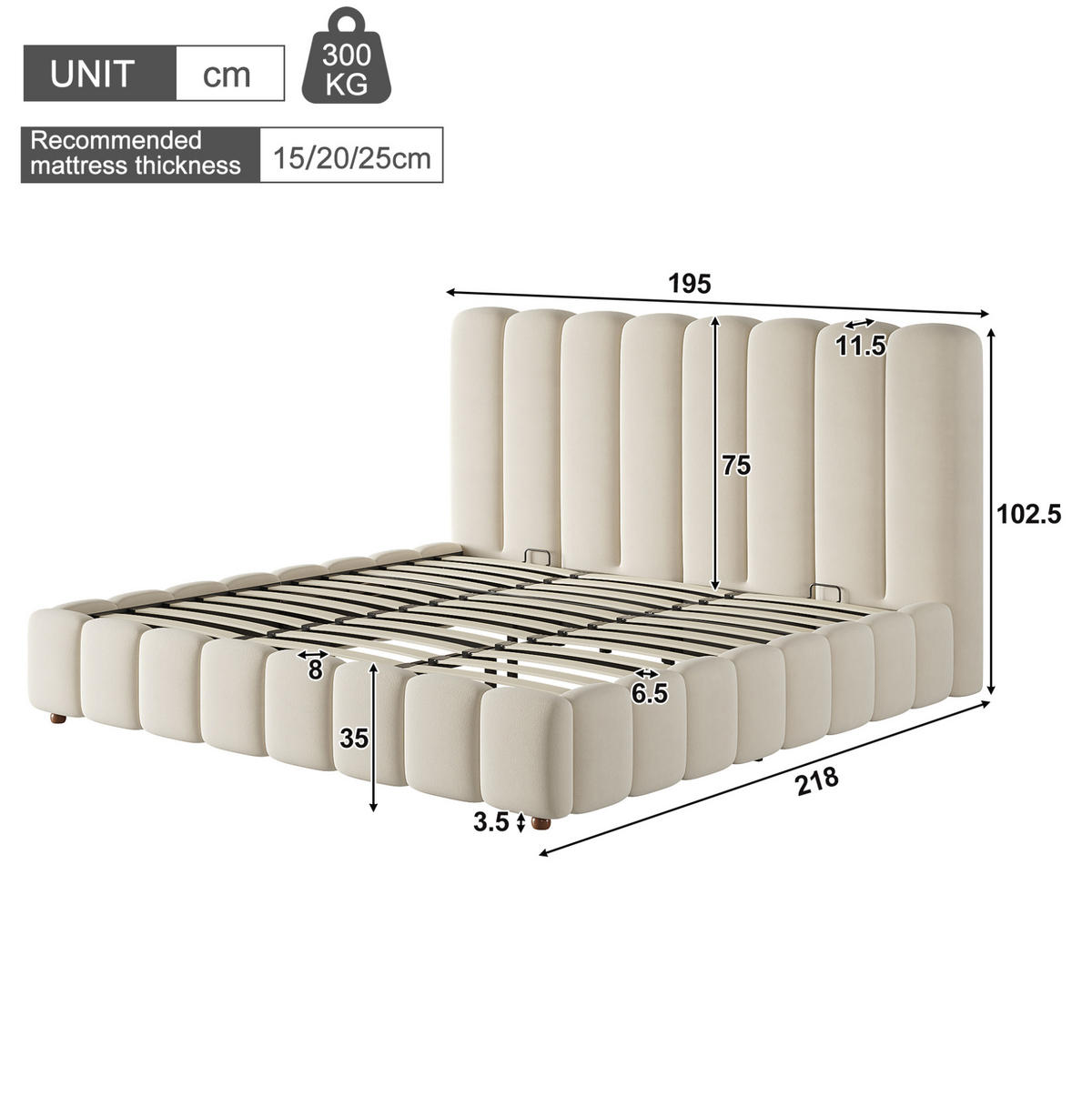 POLSTERBETT aus Samt 180x200 cm Beige mit hydraulischem Bettkasten und Lattenrost - Beige, Textil (180/200cm) - Modfu