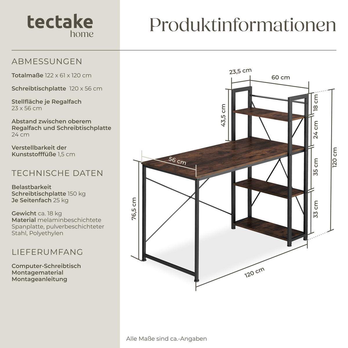COMPUTERTISCH Hershey,122 x 61 x 120 cm,Industrial Holz dunkel, rustikal - Rostfarben, Holzwerkstoff (122/61/120cm) - tectake