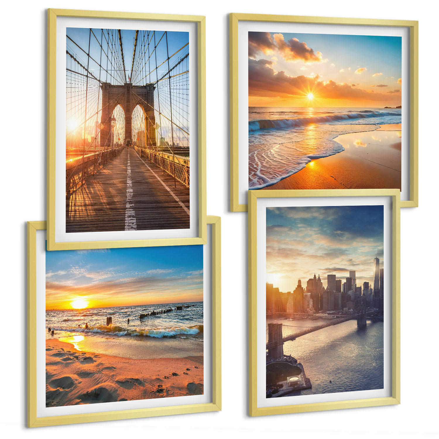 BILDER SET 4er Set - 50x50 cm & 40x60 cm Goldrahmen - Brücken, Sonnenuntergänge, Stadt - Goldfarben, Kunststoff (50/50cm) - TULUP