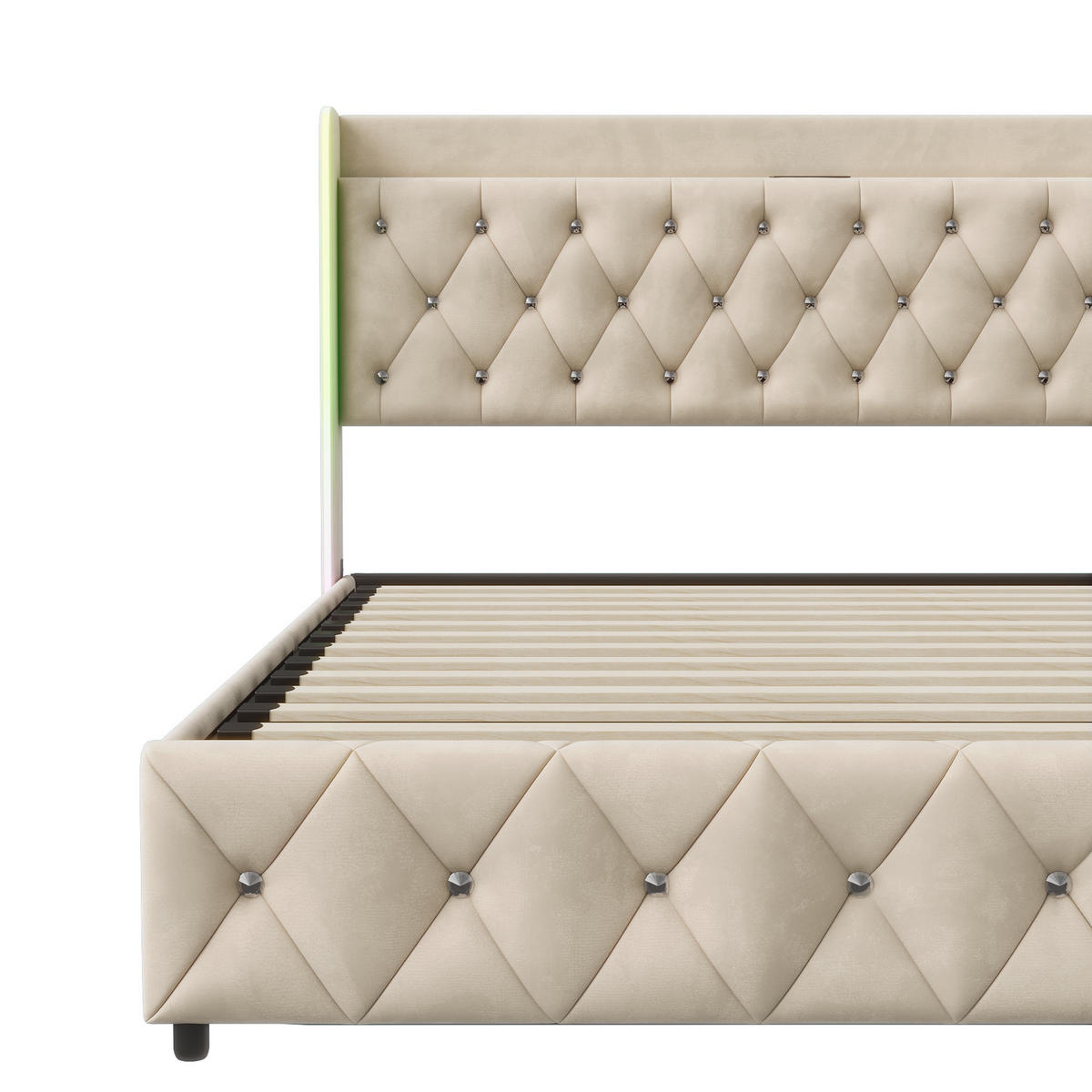 POLSTERBETT 140x200 cm LED USB C Stauraum Lattenrost Samt beige - Beige, Holz (140/200cm) - Fortuna Lai