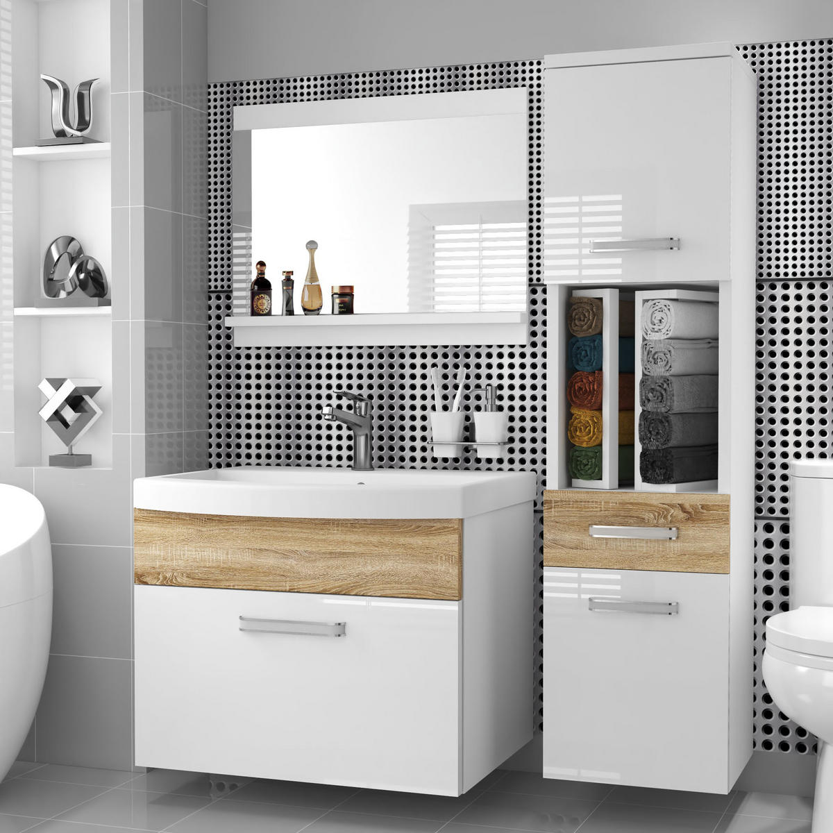 BADMÖBEL Badezimmer SET PRI PM3, Weiß/Sonoma Eiche Hochglanz, 90 cm - Weiß/Sonoma Eiche, Holz (38.7/113.5/90cm) - B BELINI GROUP