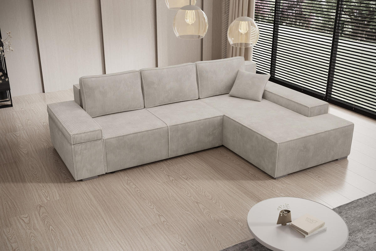 ECKSOFA Milo mit Schlaffunktion und Bettkasten, Couch L-Form, Cord-Stoff, 273x85x185 cm, Beige - Beige, Holz (273/185cm) - PROMETO Möbel