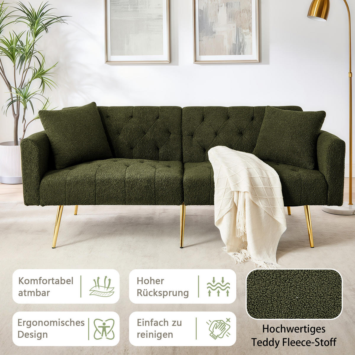 SCHLAFSOFA 177/78/74 cm in Green Teddyfell mit Aufbewahrungstasche - Grün, Textil (177/74/78cm) - Oxeza