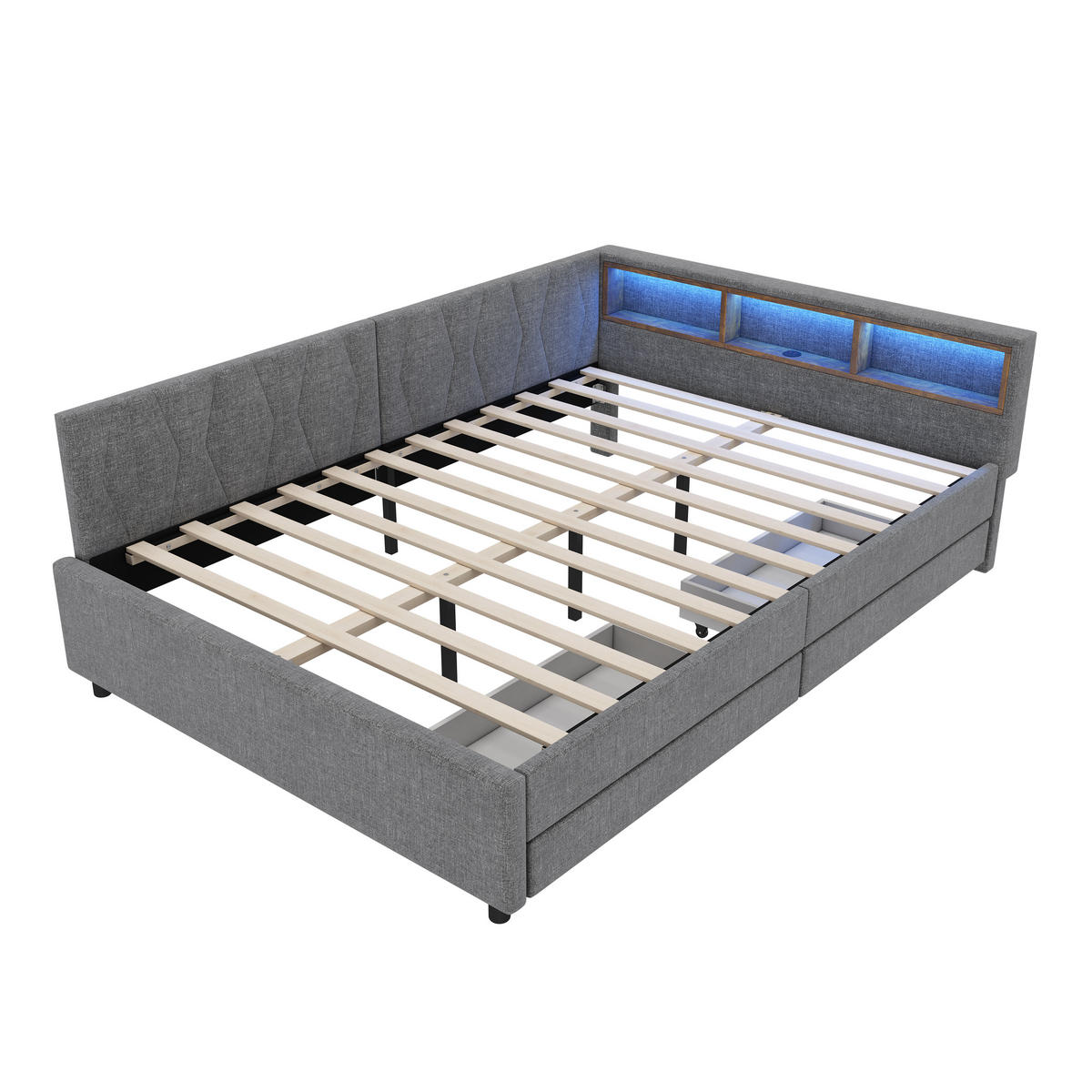 TAGEBETT 140x200cm Grau Leinen USB-C LED-Licht 2 Schubladen - Grau, Holz (140/200cm) - FLIEKS
