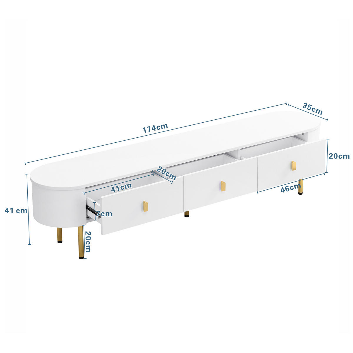 TV-LOWBOARD aus MDF 174x35x41 cm Weiß mit 3 Schubladen, goldfarbenen Griffen und geschwungenen Kanten - Weiß, Holzwerkstoff (174/41/35cm) - Modfu