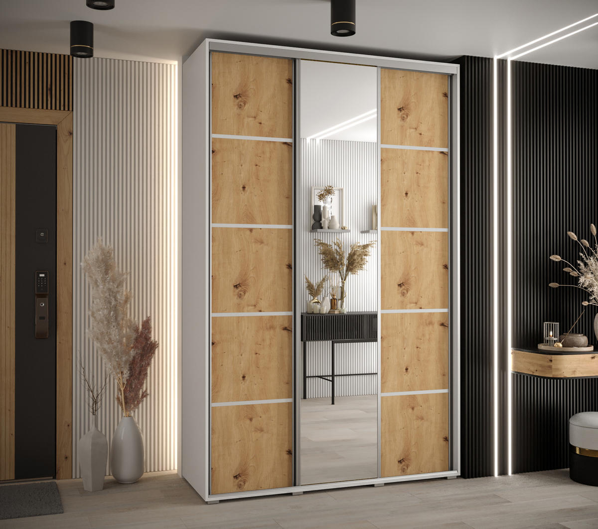 SCHWEBETÜRENSCHRANK 235,2/160/45 3-türig - Silberfarben/Eiche Artisan, Holz/Metall (160/235/45cm) - Abiks Möbel