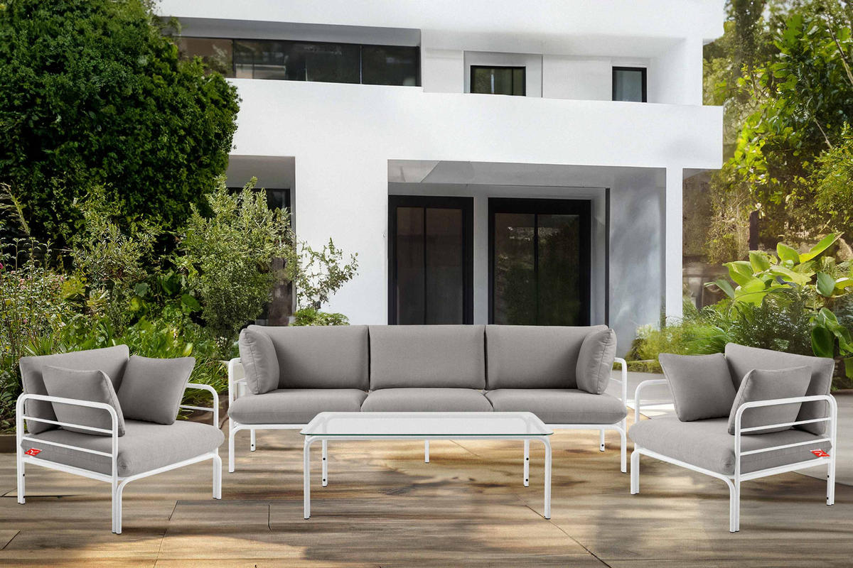 GARTENSOFA RAMBE 3-Personen mit Kissen, Weiß/Hellgrau - Hellgrau/Weiß, Textil/Metall (225/80/80cm) - KONSIMO®
