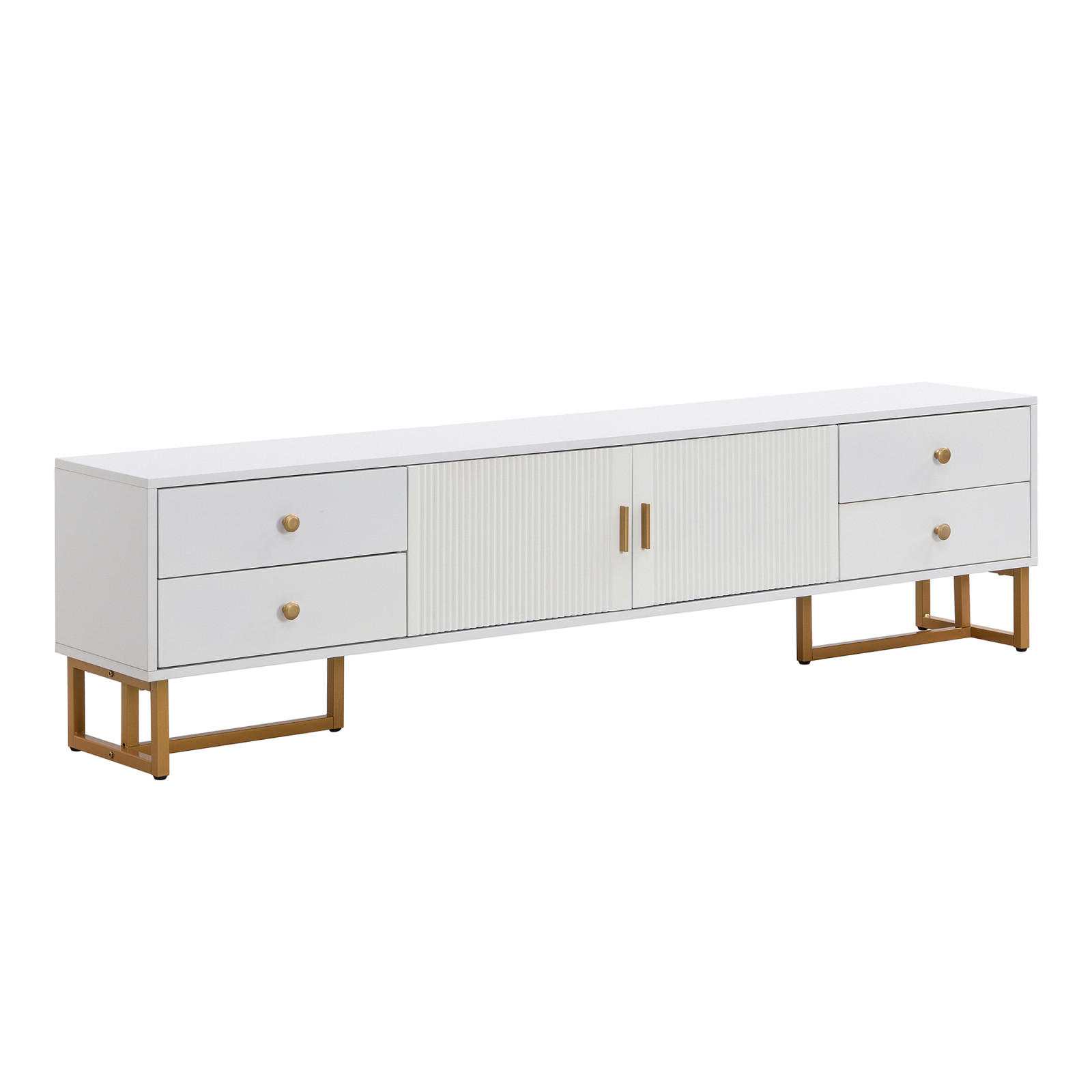 TV Lowboard 2 Türen, 4 Schubladen, goldene Füße, Weiß - Weiß, Holz (175/46/30cm)