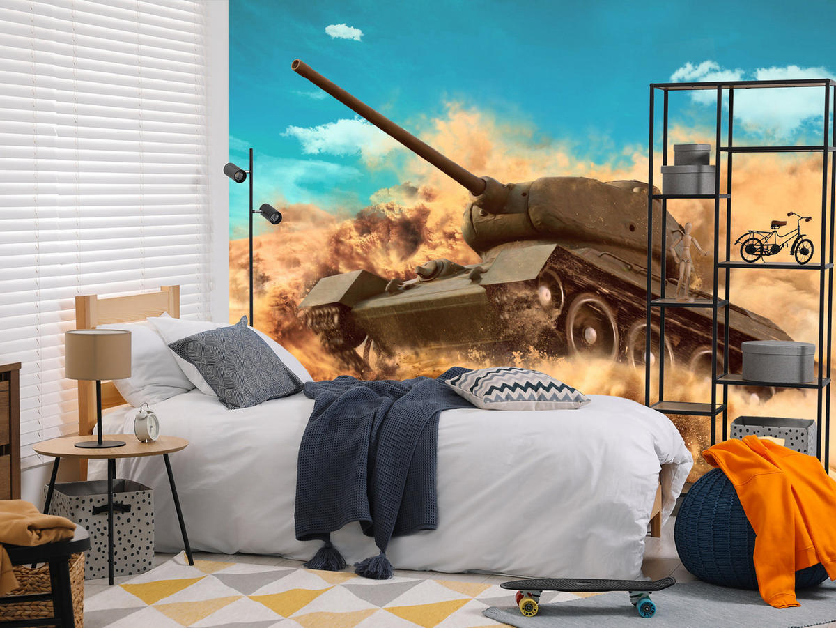 FOTOTAPETE für Jugendzimmer Kampfs Panzer Wüste Sand Dynamik 250x175 - Blau/Beige, Papier (250/175cm) - Muralo