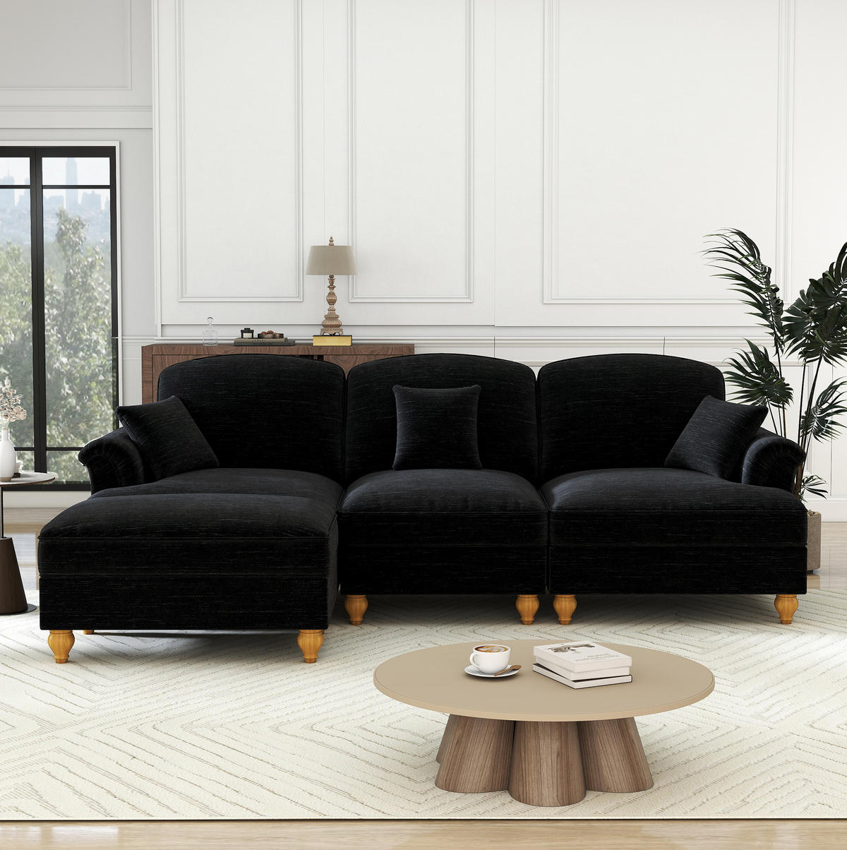 ECKSOFA 272/140/93 cm schwarz aus Chenille mit abnehmbarem Volant und beweglichem Hocker - Schwarz, Textil (140/272cm) - OKWISH