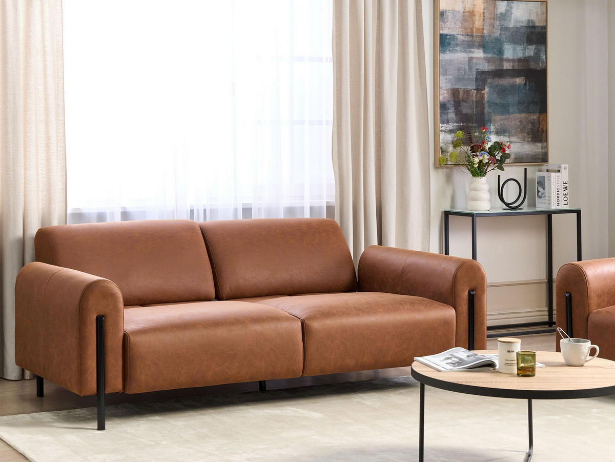 3-SITZER-SOFA Lederoptik goldbraun Askim - Rotbraun/Schwarz, Textil (207/87/89cm) - Beliani