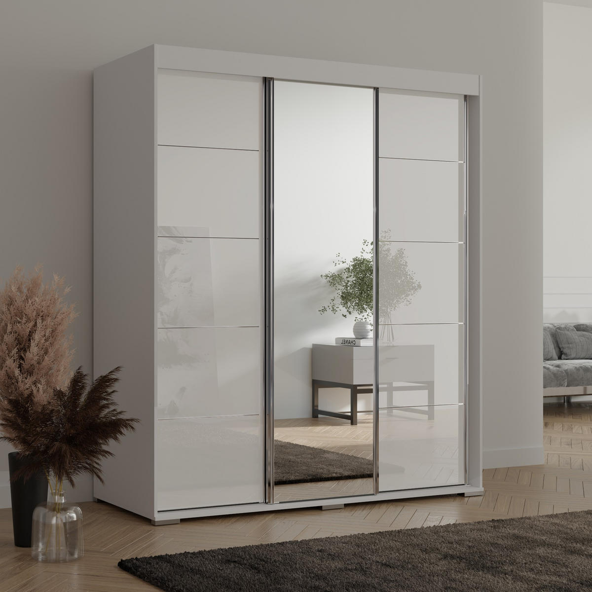 SCHIEBETÜRENSCHRANK mit Schubladen und Spiegel Como 3D1L 180 Weiß (lacobel) - Silberfarben/Weiß, Holzwerkstoff/Metall (180/208/67cm) - mzm24