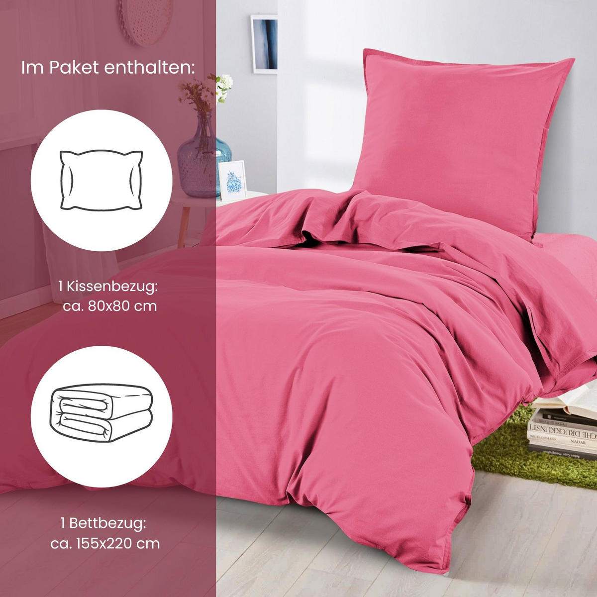 BETTWÄSCHE Stone Washed pink 155/220 cm 100% Baumwolle Used-Effekt mit Stehsaum - Pink, Textil (155/220cm) - wometo