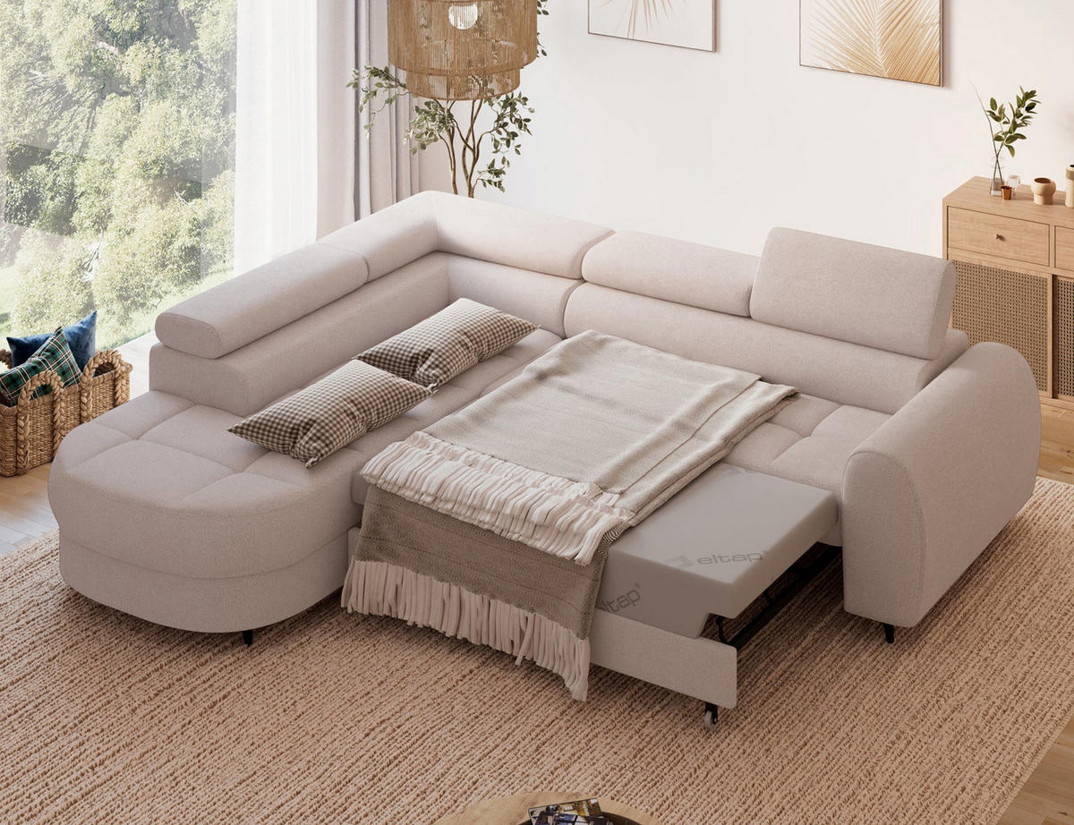 ECKSOFA Vesteria mit Schlaffunktion und Bettkasten – Modernes Design, verstellbare Kopfstützen und hoher Sitzkomfort - Hellbraun, Kunststoff (279/72cm) - Wohnideebilder