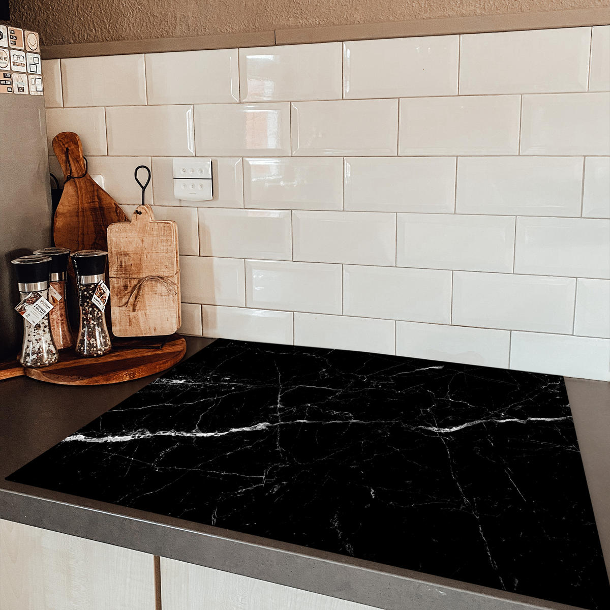 HERDABDECKPLATTE Marmoroptik - Schwarz - Luxus 77x59 cm - Grau, Kunststoff (77/59/0.2cm) - MuchoWow