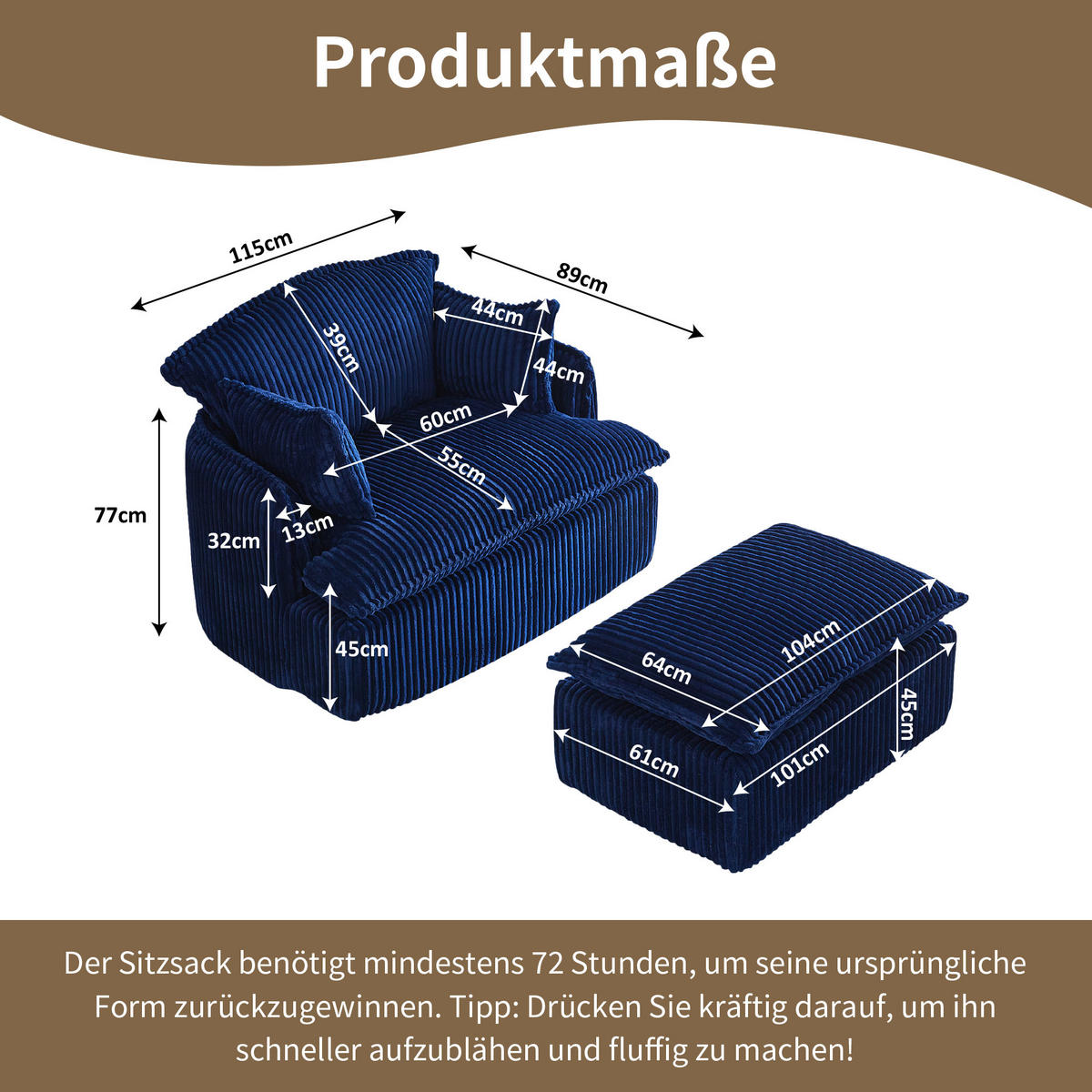 SESSEL DE-35257 mit Hocker Blau - Blau, Textil (89/77/115cm) - ComfortXL