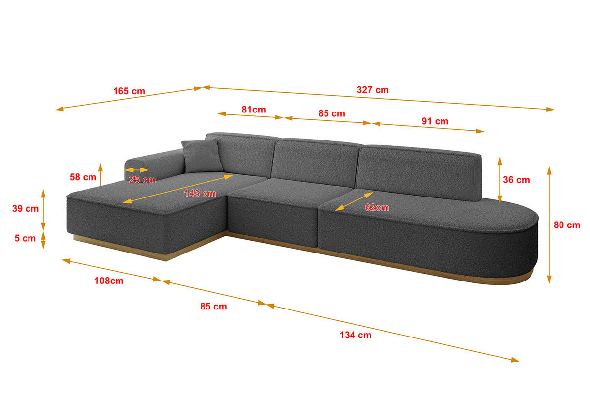 ECKSOFA Ottomane Links IREA-L2-v2 - 327x165x80 cm Grau - Olivgrün, Holzwerkstoff/Textil (327/165cm) - ALTDECOR