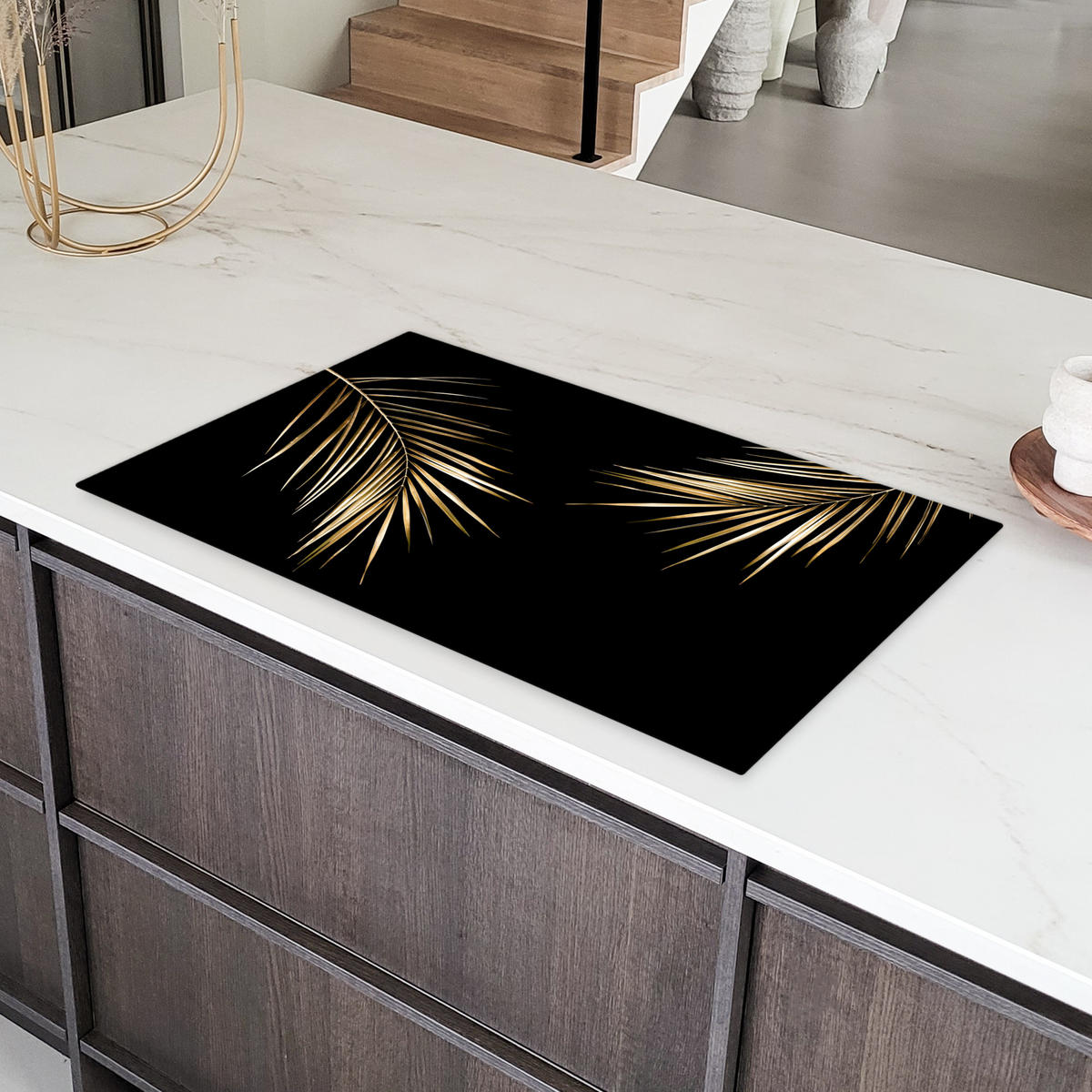 HERDABDECKPLATTE Blätter - Pflanzen - Gold - Schwarz - Luxus 91x52 cm - Goldfarben, Kunststoff (91.6/52.7/0.2cm) - MuchoWow