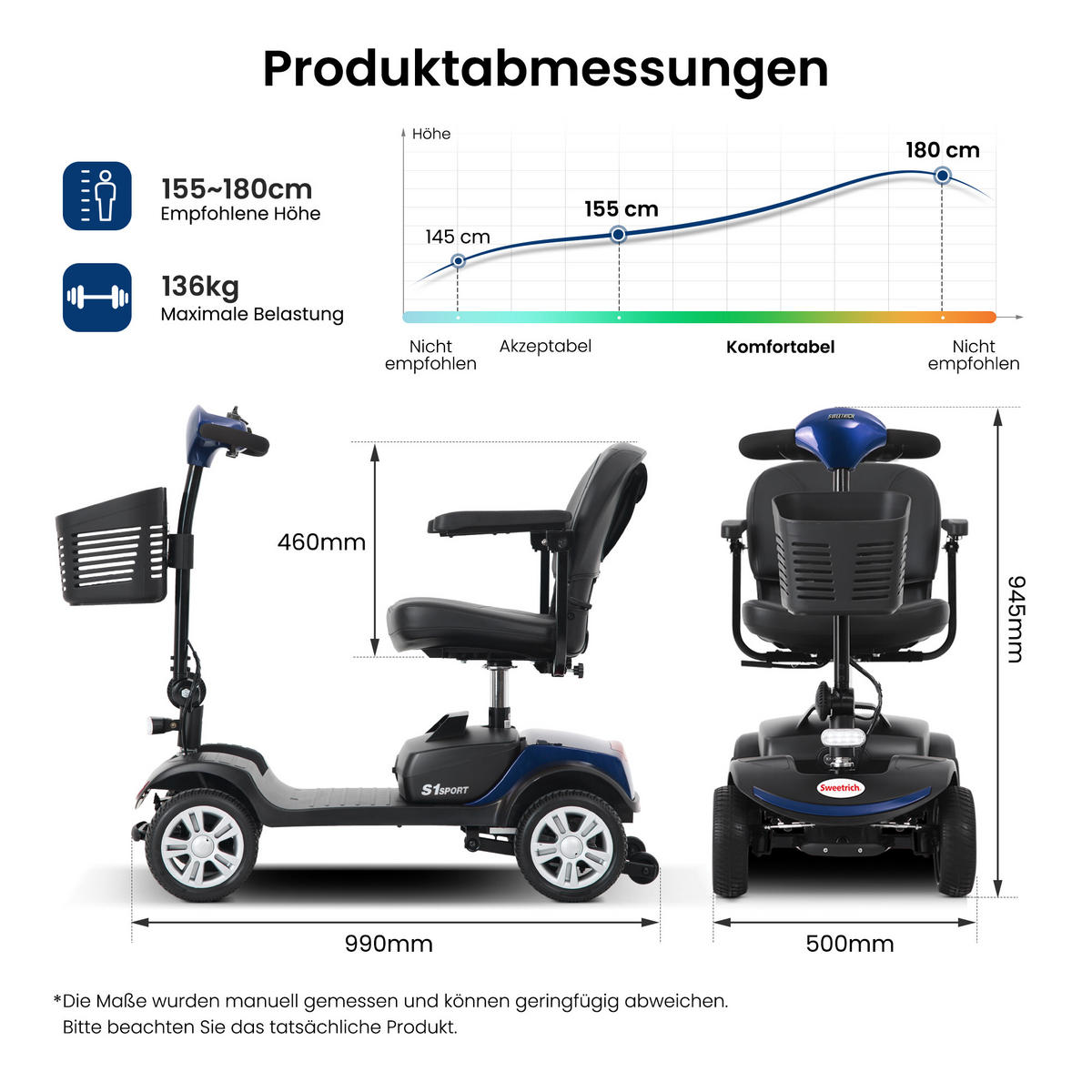 ELEKTROMOBIL faltbar Seniorenmobil,15-25 km,12Ah 4-Rad-Scooter,Blau - Blau, Metall (50/94.5/99cm) - LVHOM