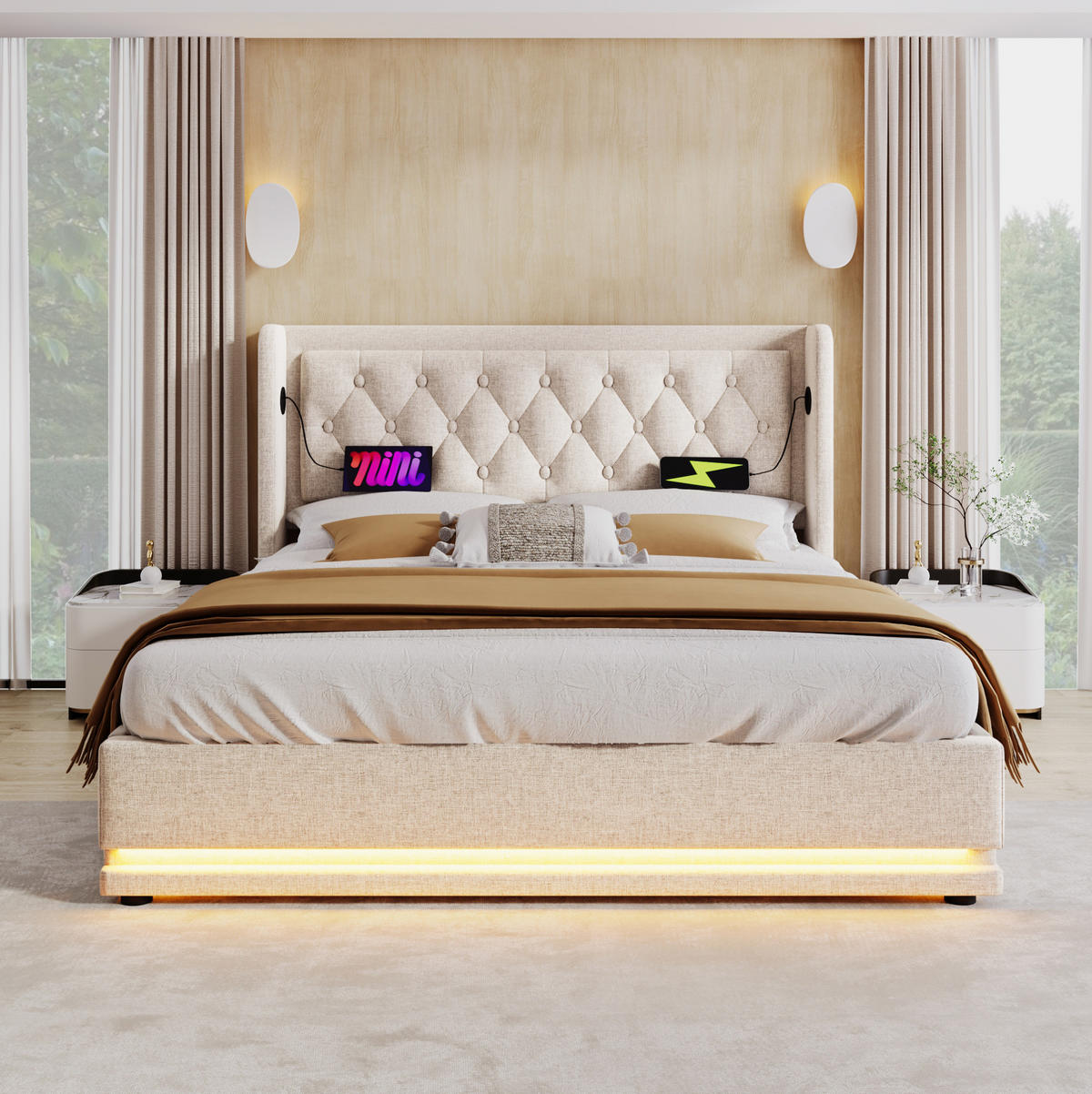 BETT mit Stauraum 160x200 cm Baumwolle Beige - Beige, Metall (160/200cm) - Meubliv
