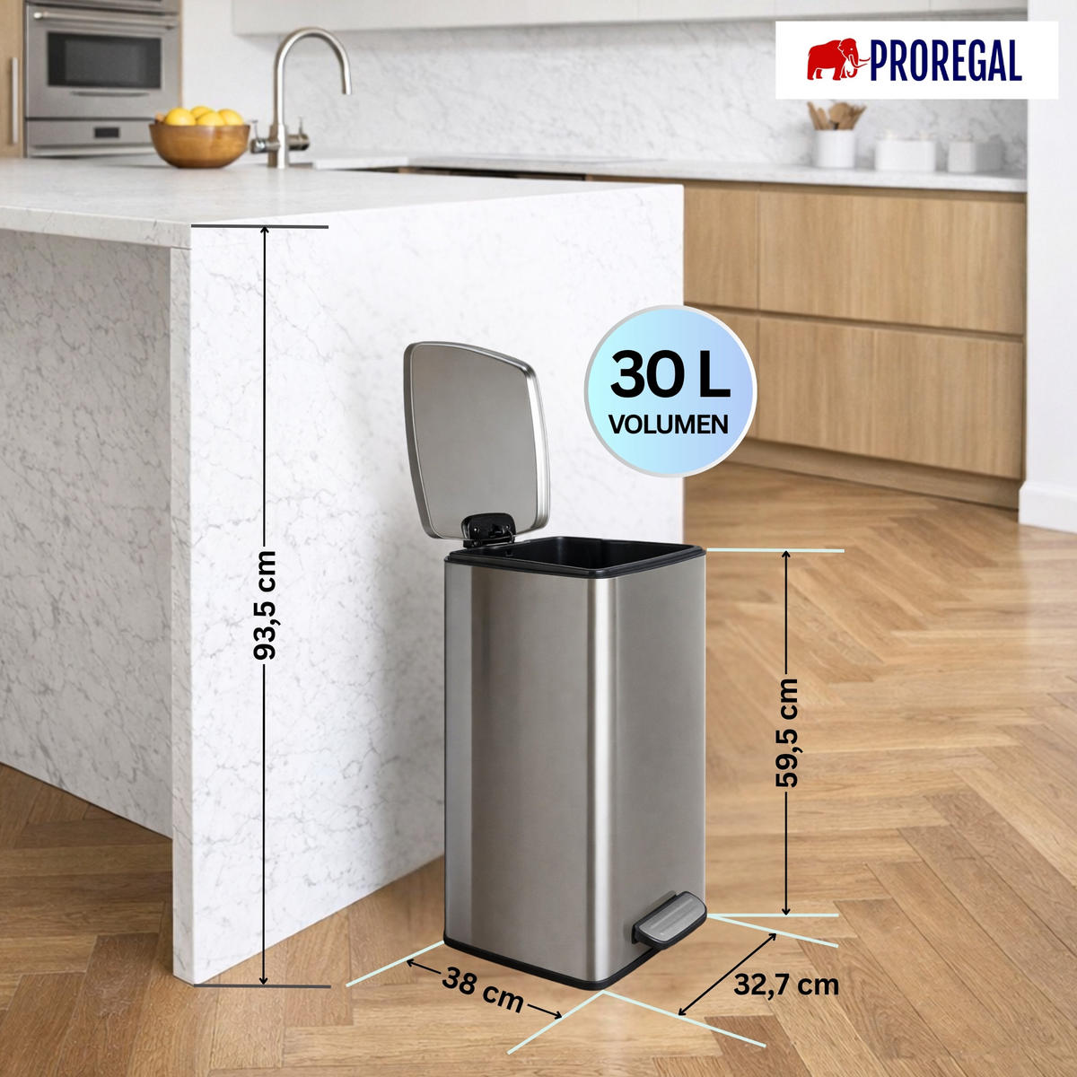 MÜLLEIMER 30 Liter mit Softclose & Fußpedal - Silberfarben, Metall (32.7/59.5/38cm) - PROREGAL