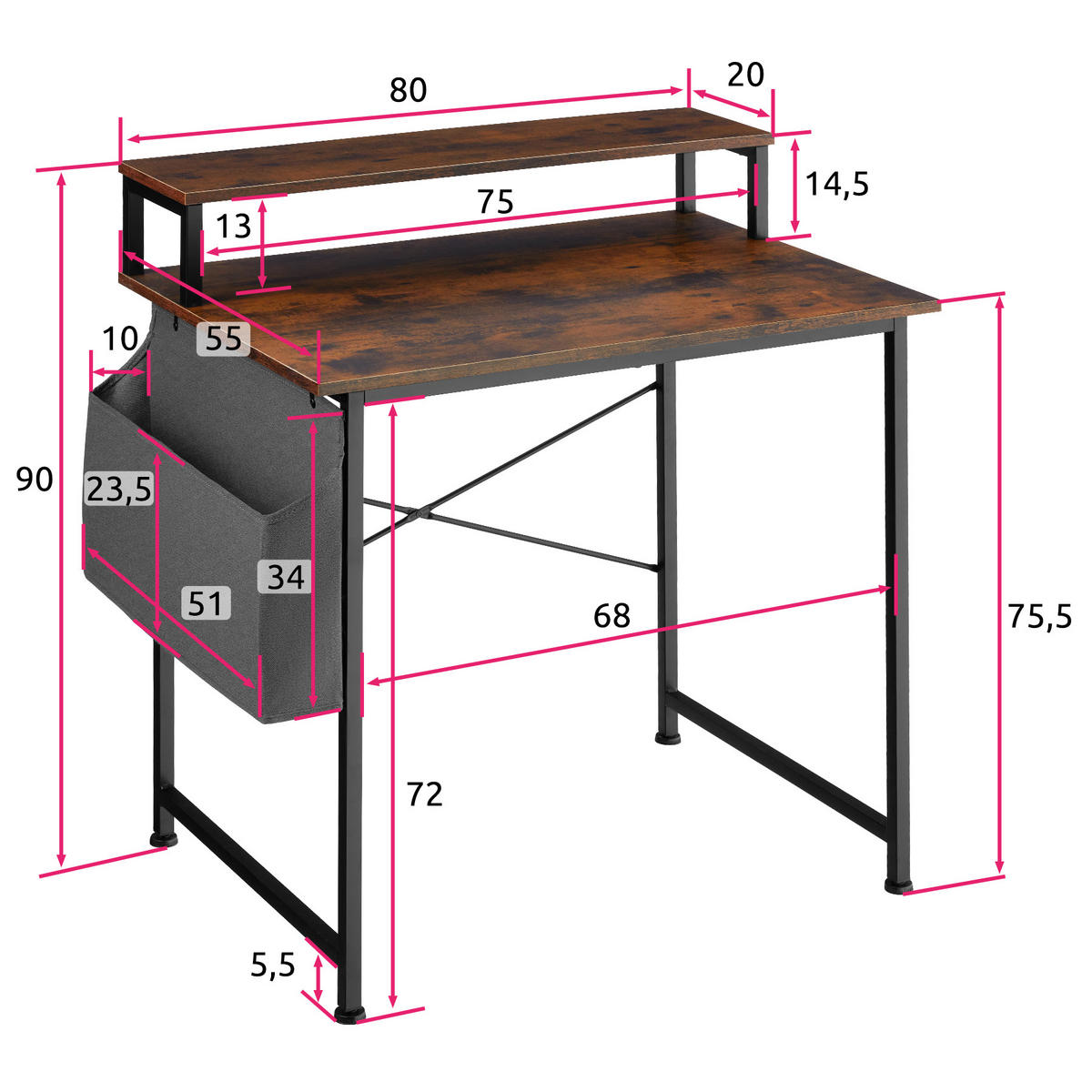SCHREIBTISCH Everett, 80 x 55 x 90 cm, Industrial Holz dunkel, rustikal - Rostfarben, Holzwerkstoff (55/80/90cm) - tectake