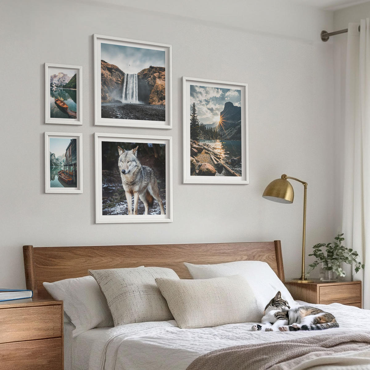 WANDBILDER 5er-Set - 50x50 cm & 20x30 cm & 40x60 cm Weißer Rahmen - Berge, Seen, Wasserfall, Wolf - Weiß, Kunststoff (40/60cm) - ArtPrintCave
