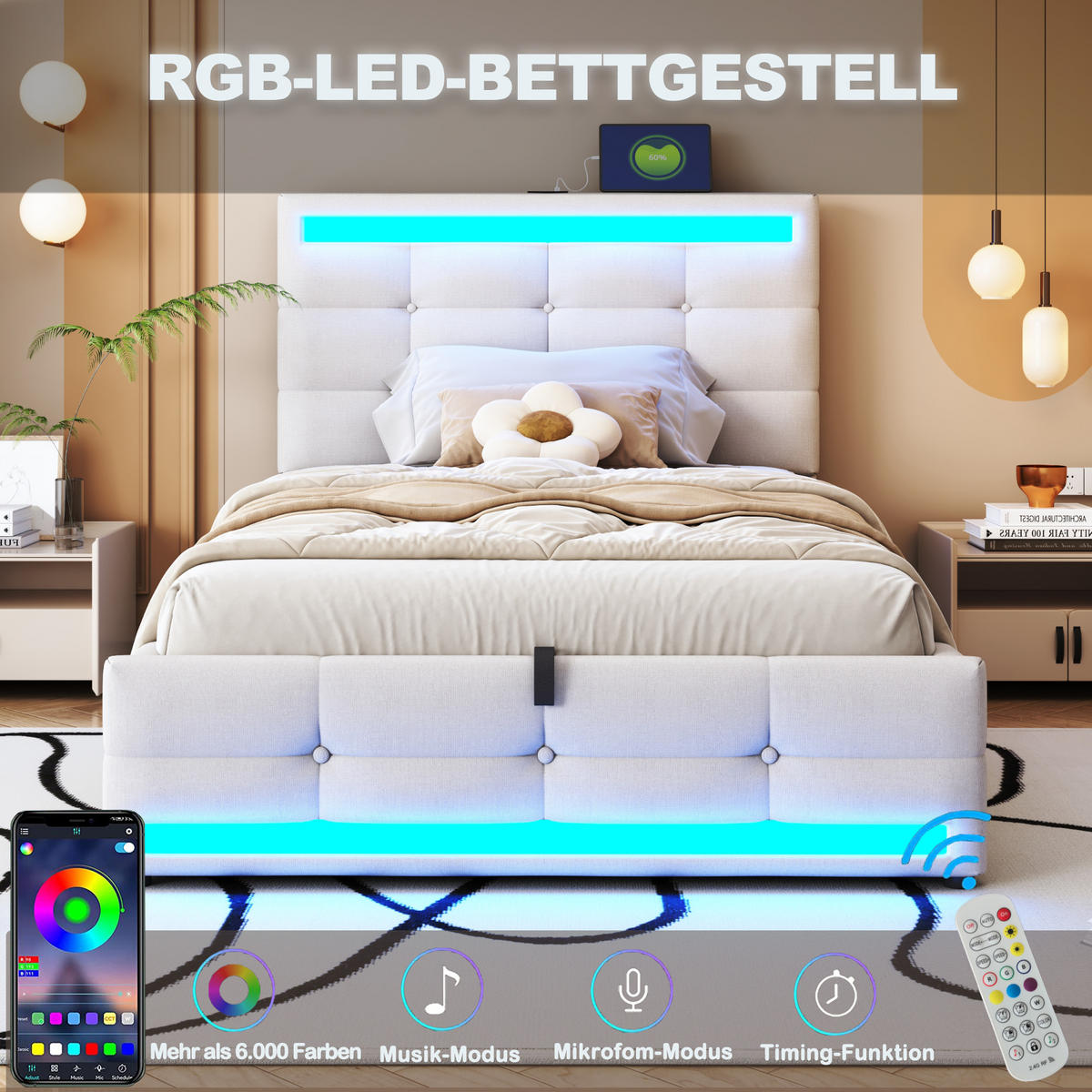 POLSTERBETT 90/200 cm Beige aus Leinen mit Stauraum und LED-Beleuchtung mit USB - Beige, Textil (90/200cm) - OKWISH