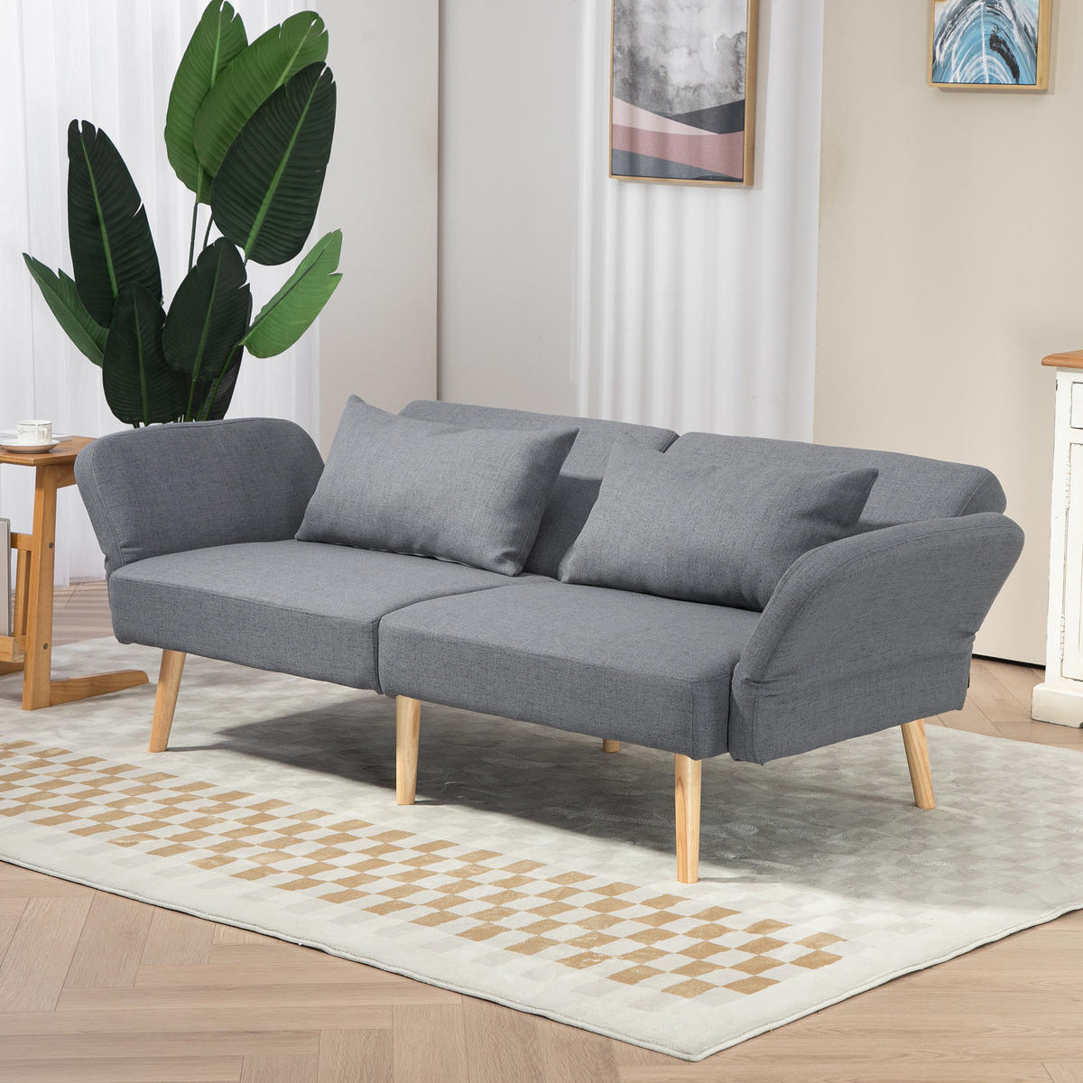 3-SITZER Schlafsofa, 2-Sitzer Klappbett mit Bettfunktion, 2 Wurfkissen Grau - Naturfarben/Grau, Holz/Textil (83/80/170cm) - HOMCOM