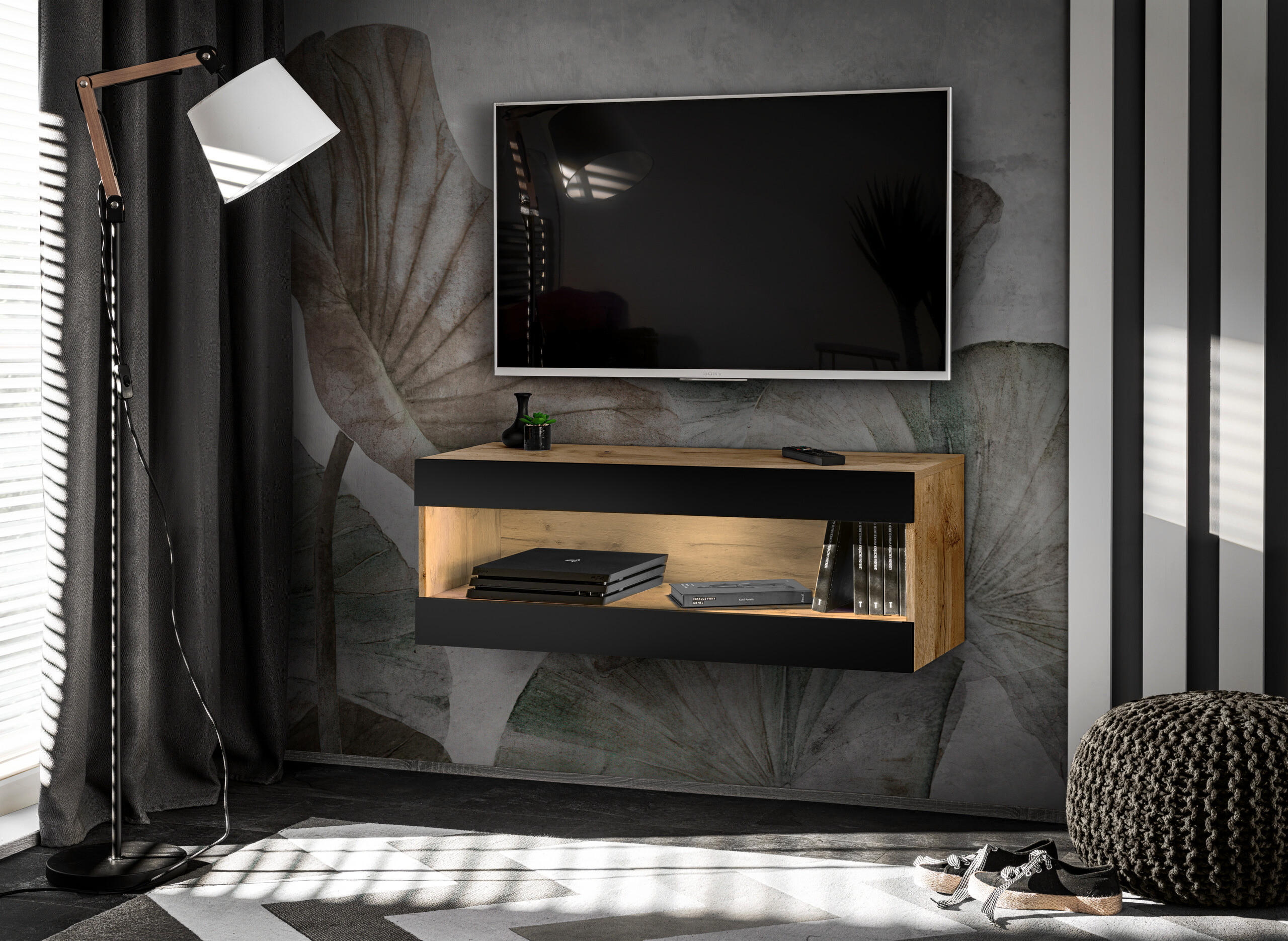 HÄNGEBOARD TV TIVOLI RTV2 Offener Raum Wotan + Schwarz - Eiche Wotan/Schwarz, Glas/Holzwerkstoff (100/36/35cm) - Komodee