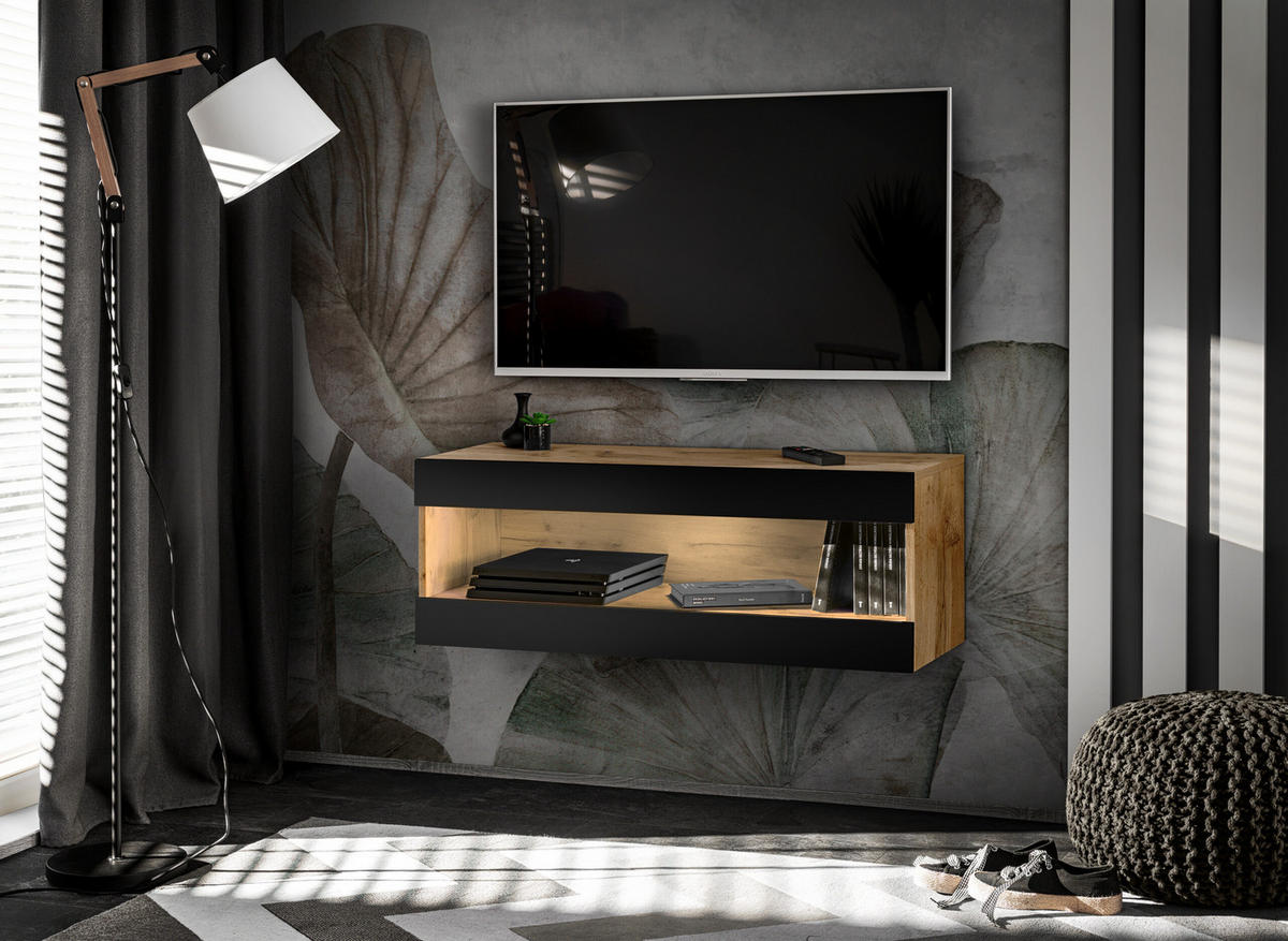HÄNGEBOARD TV TIVOLI RTV2 Offener Raum Wotan + Schwarz - Eiche Wotan/Schwarz, Glas/Holzwerkstoff (100/36/35cm) - Komodee