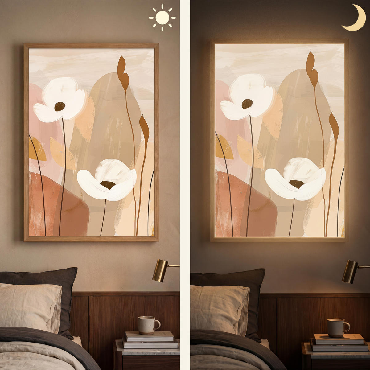 WANDLEUCHTE MIT AKKU Blumen - Abstrakt - Beige - Strichzeichnung 70x100 cm - Sandfarben, Holzwerkstoff (70/100/8cm) - OnlyWow