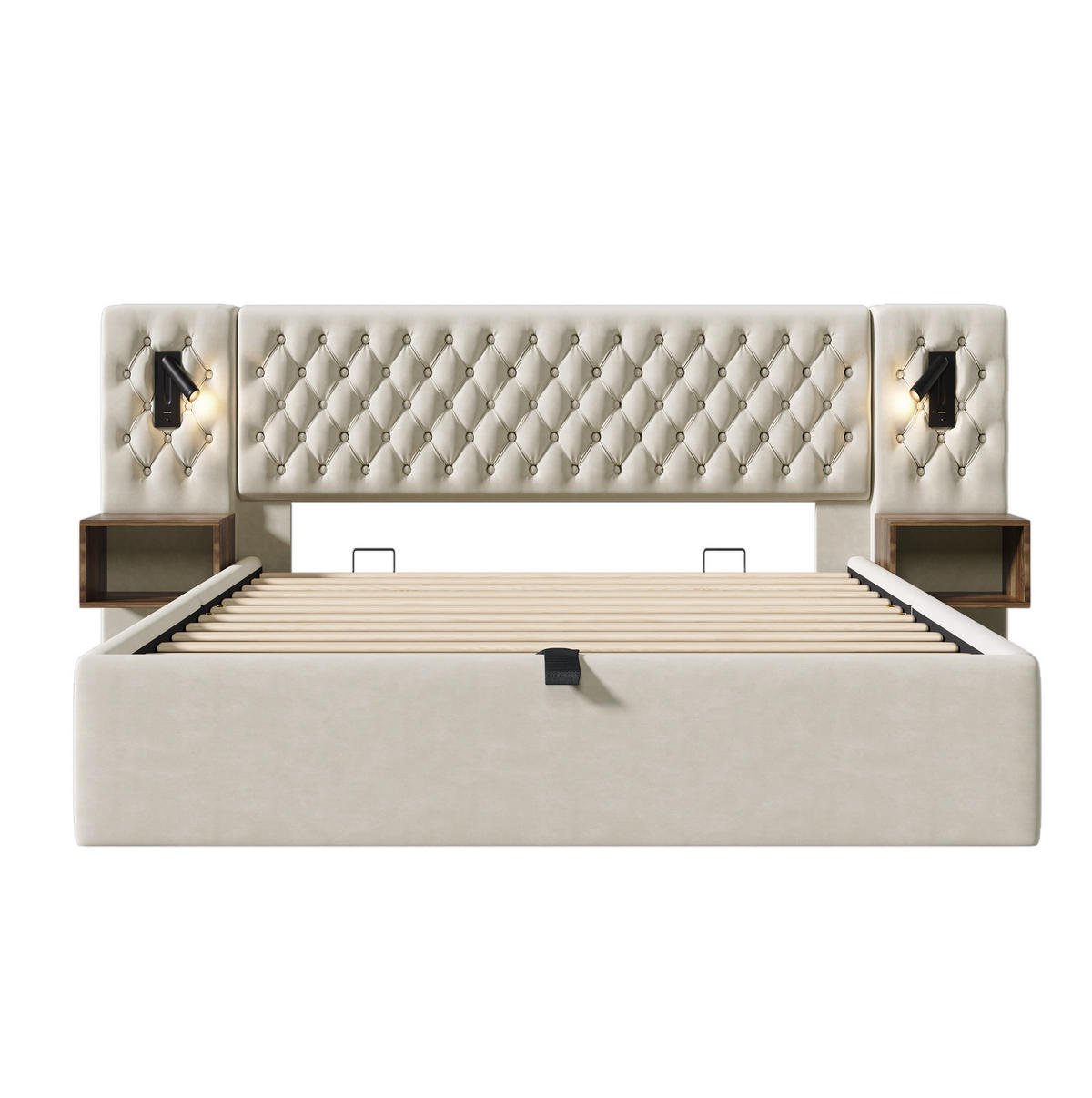 POLNJENA postelja iz žameta 160x200 cm bež z 2 nočnima omaricama, LED lučjo, USB in Type-C polnjenjem ter hidravličnim predalom - bež, tekstil (160/200cm) - Modfu