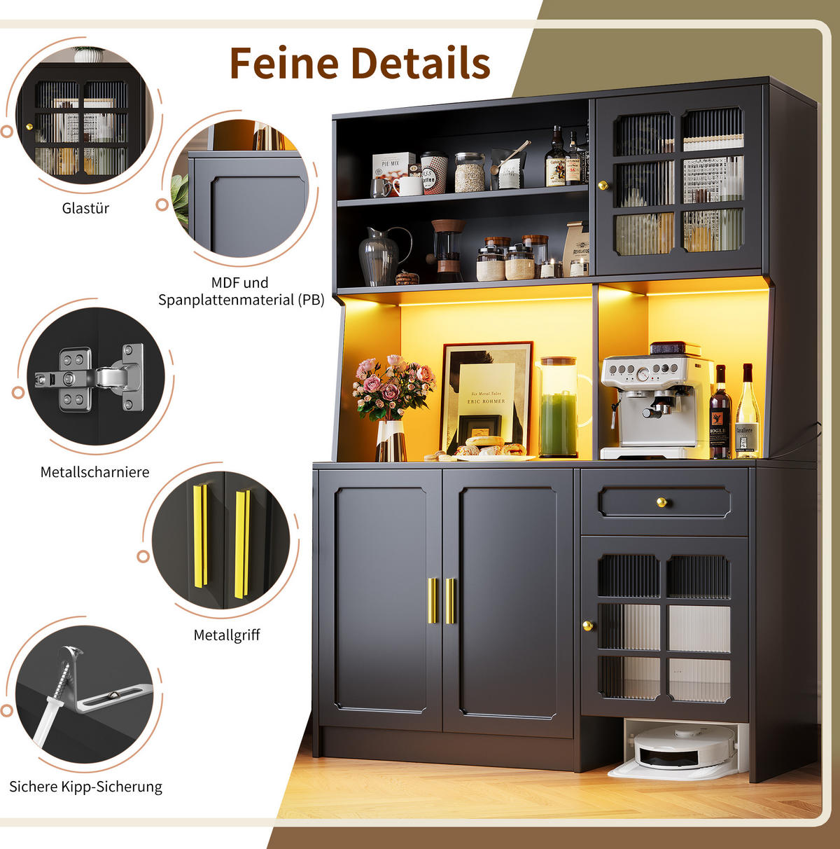 BUFFET 130/45/180 cm aus MDF mit LED-Beleuchtung Schwarz - Schwarz, Holzwerkstoff (130/180/45cm) - Modenvie