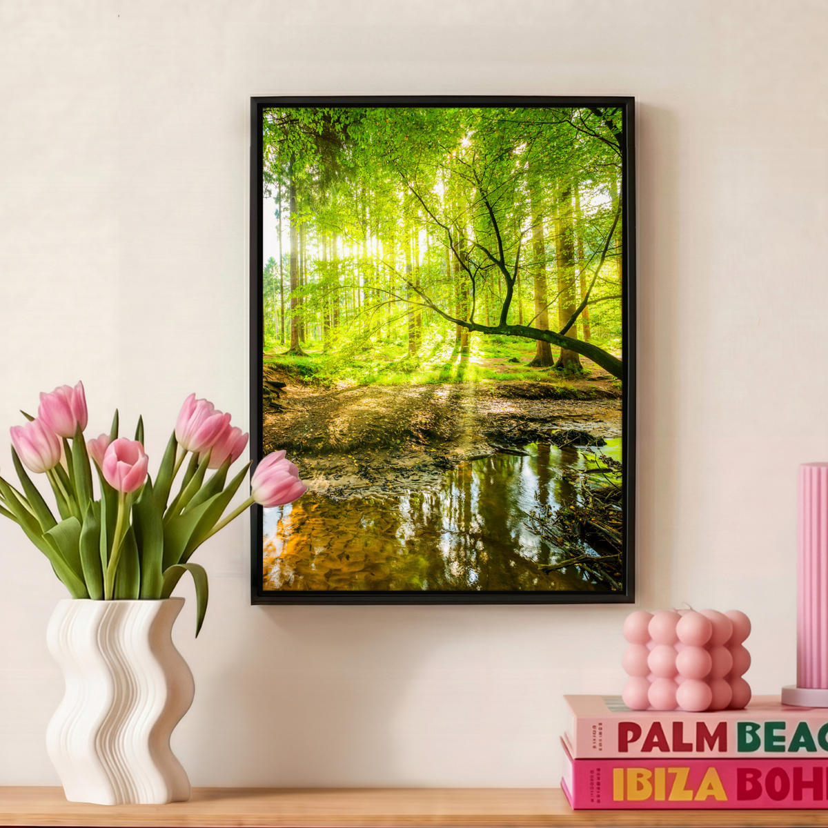 LEINWAND Bilder mit Rahmen - Wald - Landschaft - Wasser - Bäume - Sonne - Grün - Natur - 30x40 - Grün, Textil (30/40cm) - MuchoWow