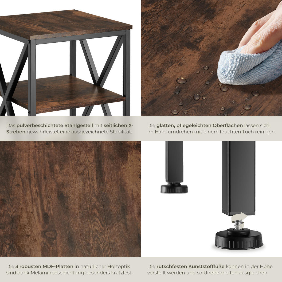 BEISTELLTISCH Nottingham,40,5 x 40,5 x 60,5 cm,Industrial Holz dunkel, rustikal - Rostfarben, Holz (40.5/40.5/60.5cm) - tectake