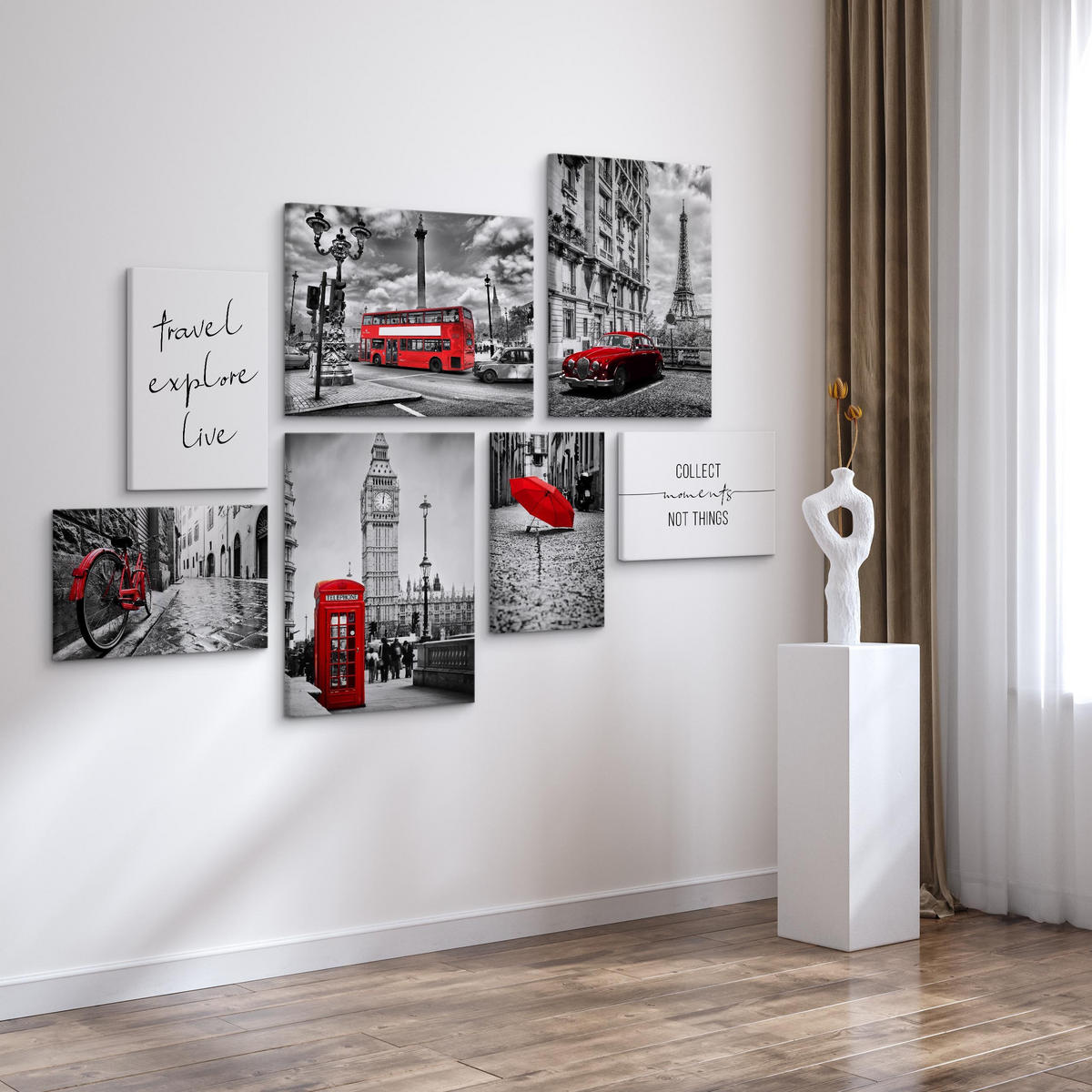 LEINWANDBILDER 7-er Set Architektur 3D - Rot/Schwarz, Textil (110/80cm) - Muralo