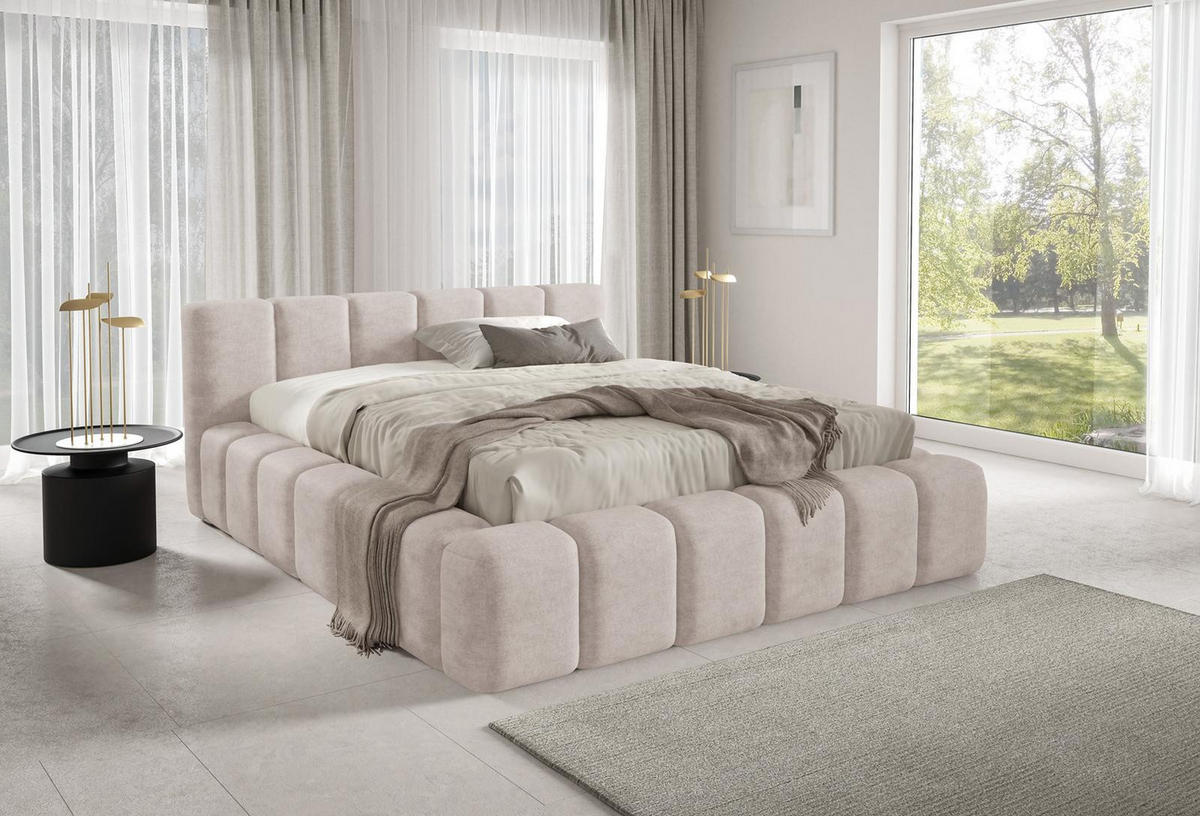 POLSTERBETT KALLA Premium 160x200 cm mit Bettkasten – PERFECT HARMONY 02 - Creme, Holz - Dekori_Interiors