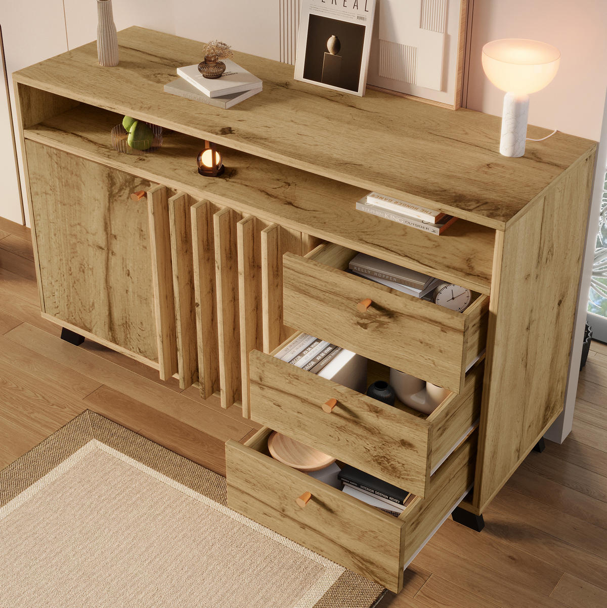 SIDEBOARD 120/40/85 cm mit 3 Schubladen, 2 Türen, offenem Fach und Lamellenfront aus Holz, Dunkle Eiche - Braun, Holz (120/85/40cm) - Redom